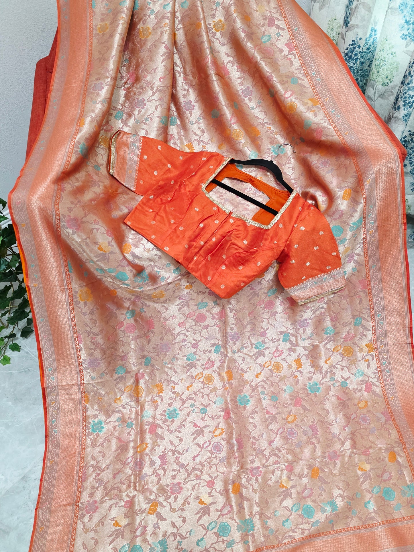 Sunset Orange Benarasi Paithani Brocade Designer Saree with Stitched Blouse