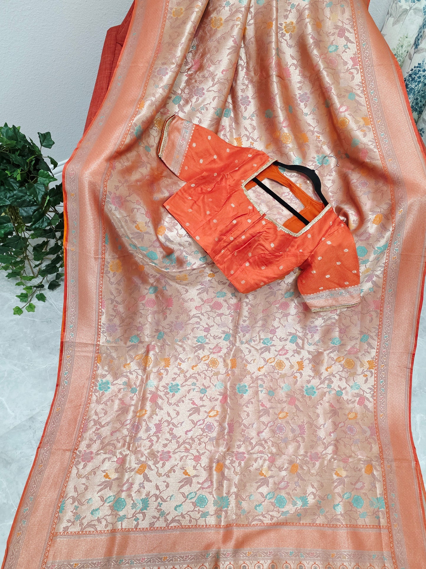 Sunset Orange Benarasi Paithani Brocade Designer Saree with Stitched Blouse