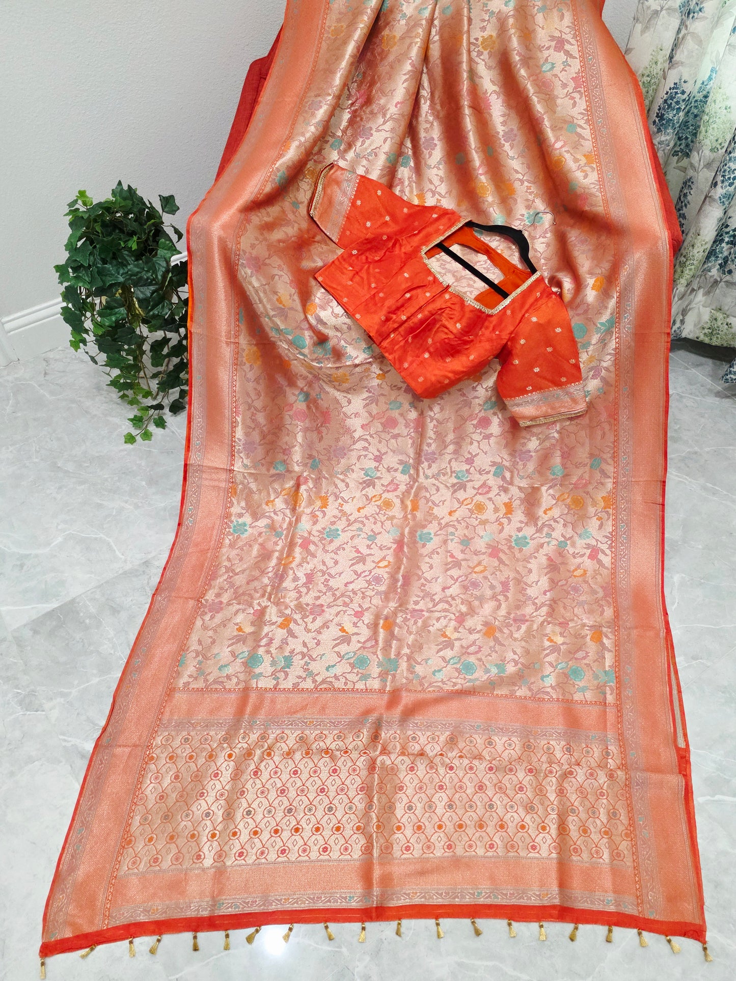 Sunset Orange Benarasi Paithani Brocade Designer Saree with Stitched Blouse