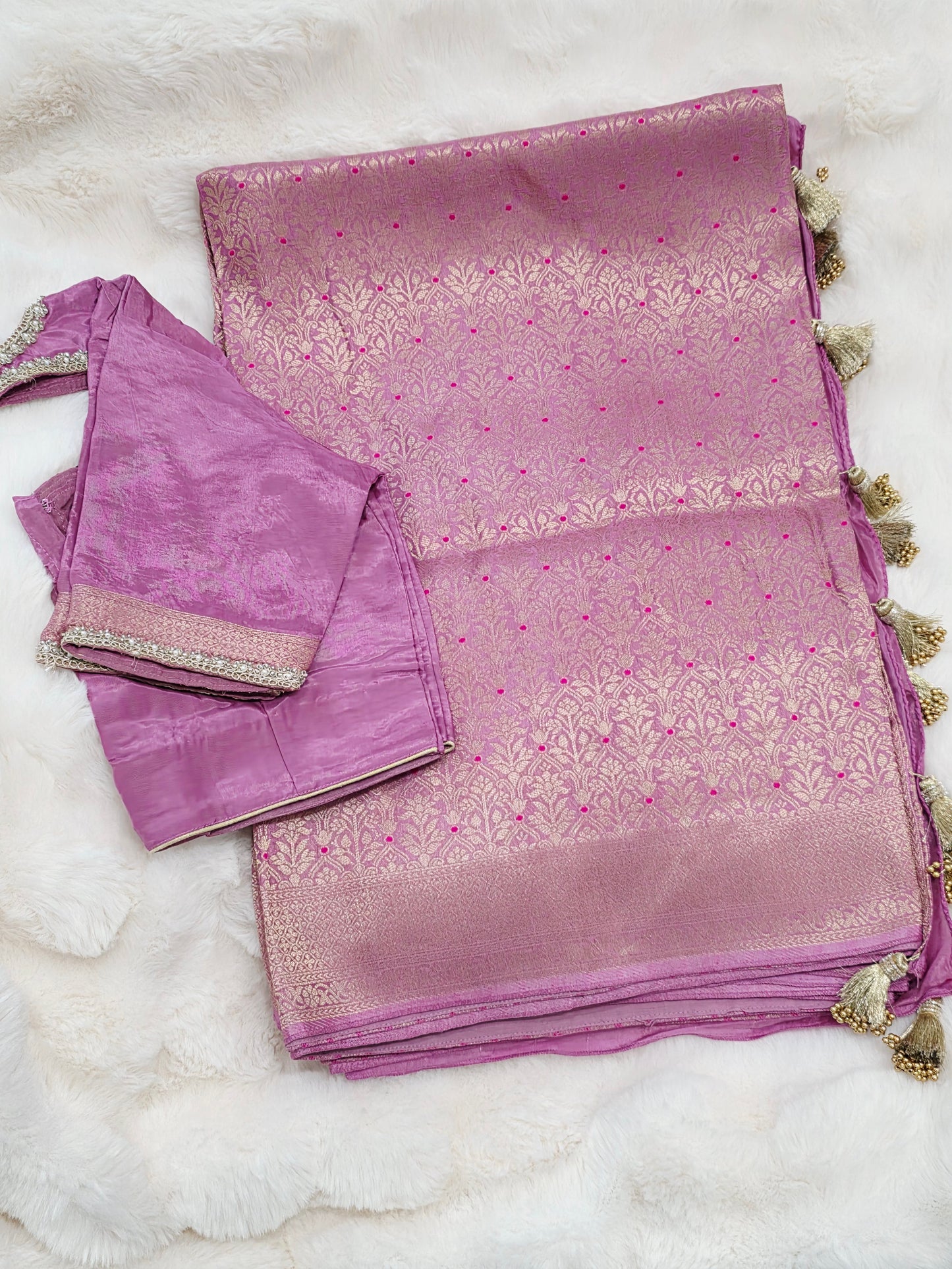 Royal Mauve Pink H.O Crepe Silk Saree with All Over Gold Brocade & Stitched Blouse