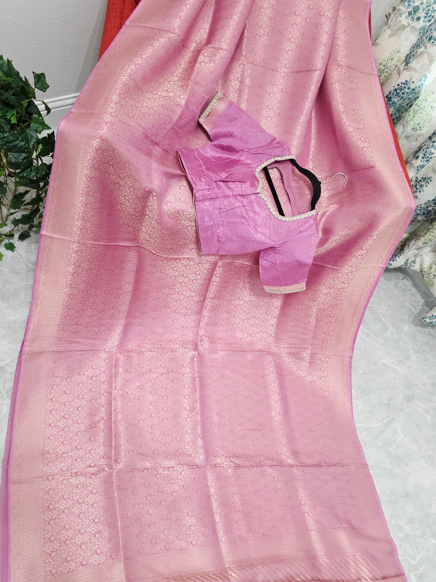 Royal Mauve Pink H.O Crepe Silk Saree with All Over Gold Brocade & Stitched Blouse