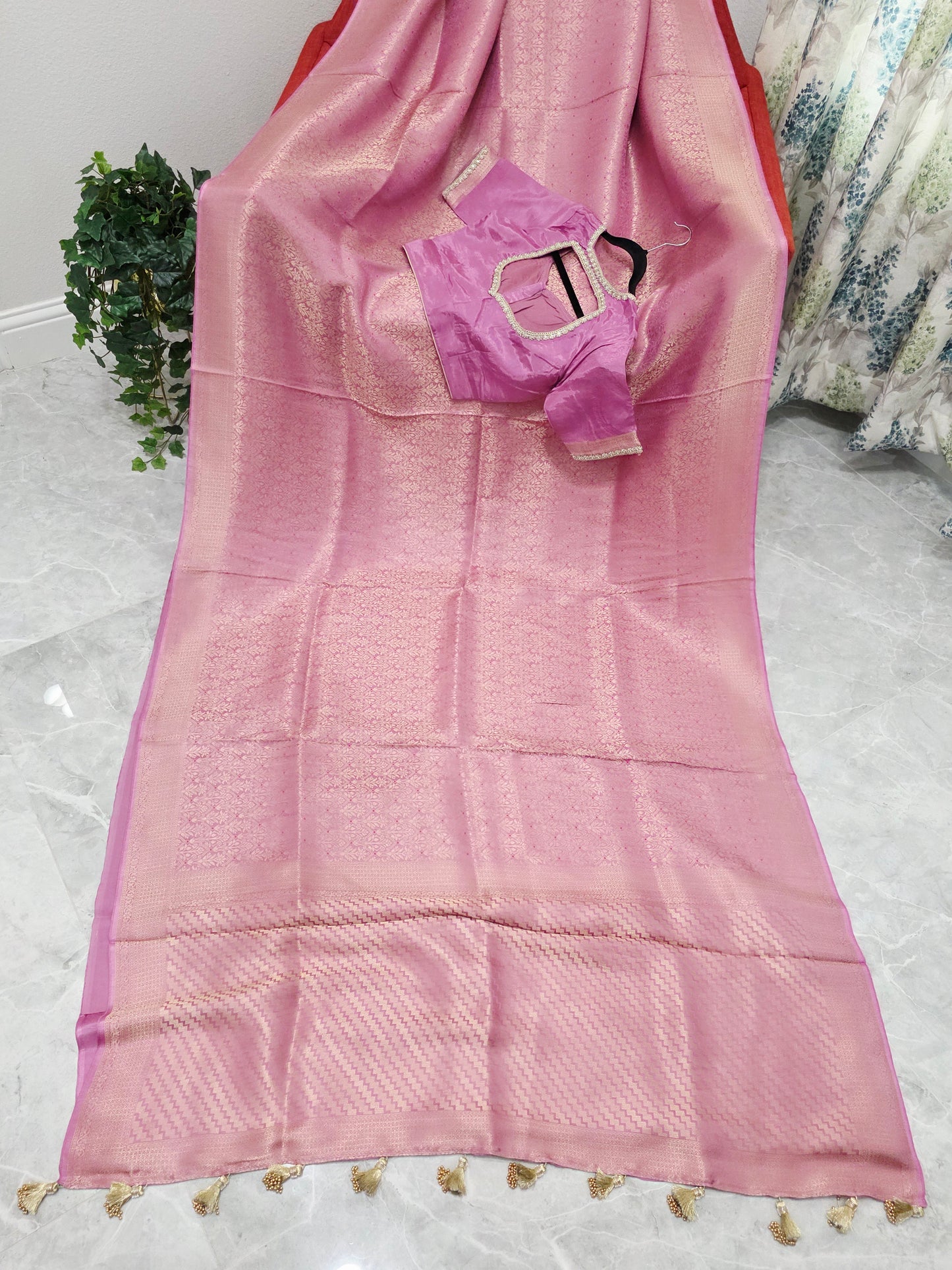 Royal Mauve Pink H.O Crepe Silk Saree with All Over Gold Brocade & Stitched Blouse