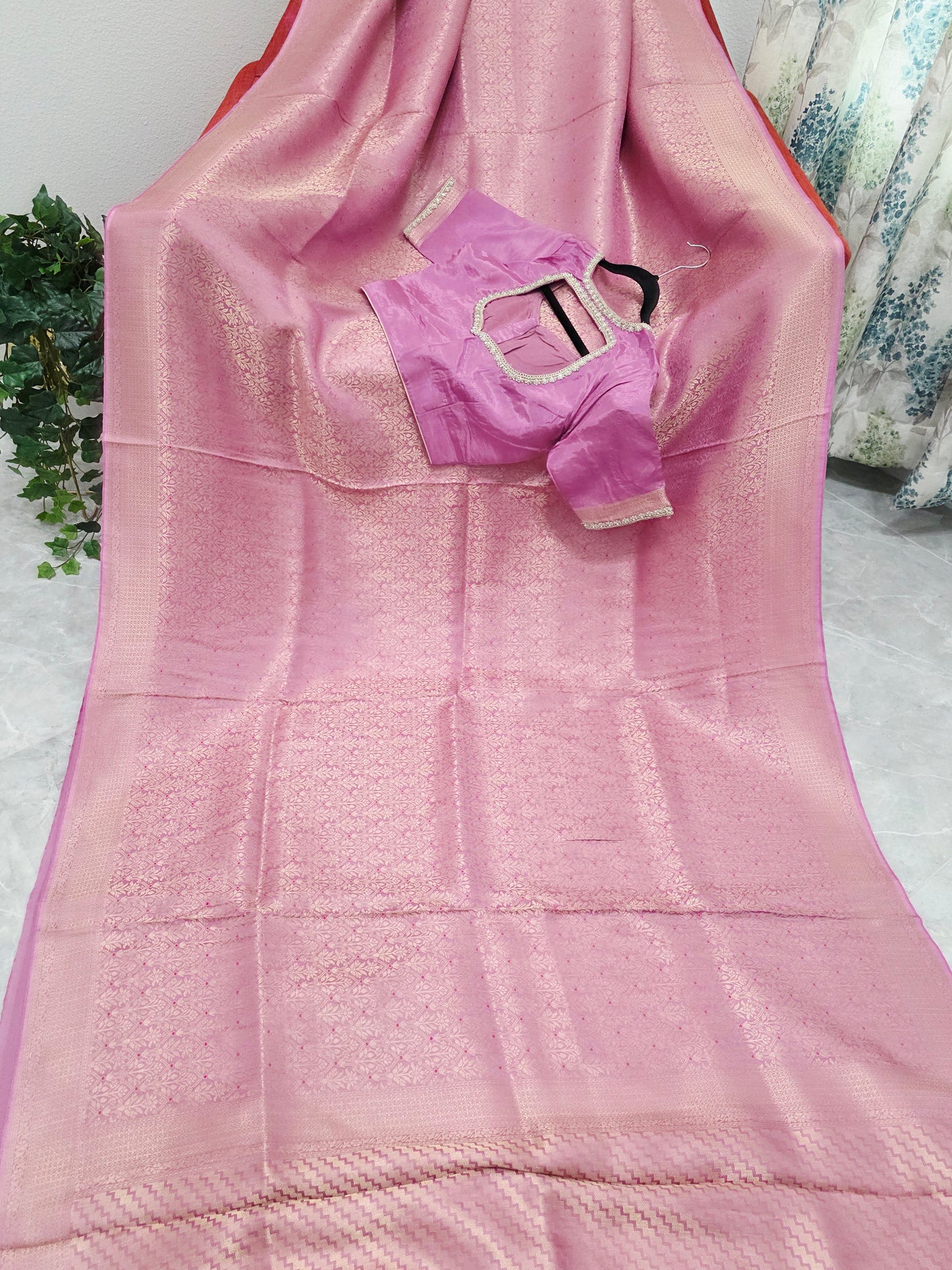Royal Mauve Pink H.O Crepe Silk Saree with All Over Gold Brocade & Stitched Blouse