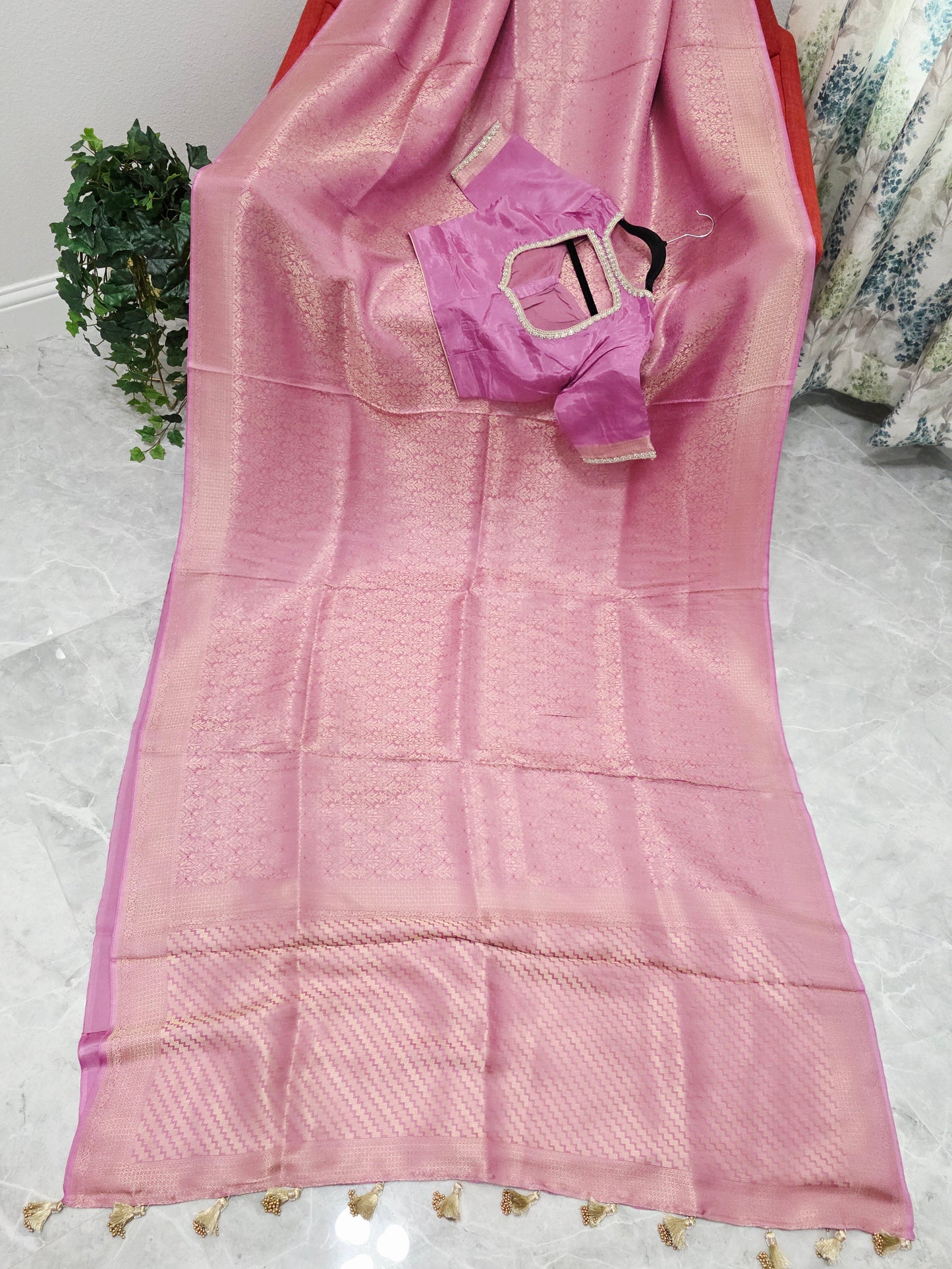 Royal Mauve Pink H.O Crepe Silk Saree with All Over Gold Brocade & Stitched Blouse