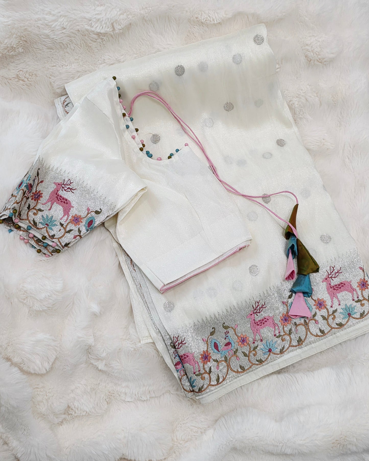 Ivory Pearl Soft Tissue Silk Saree with Embroidered Border & Stitched Blouse