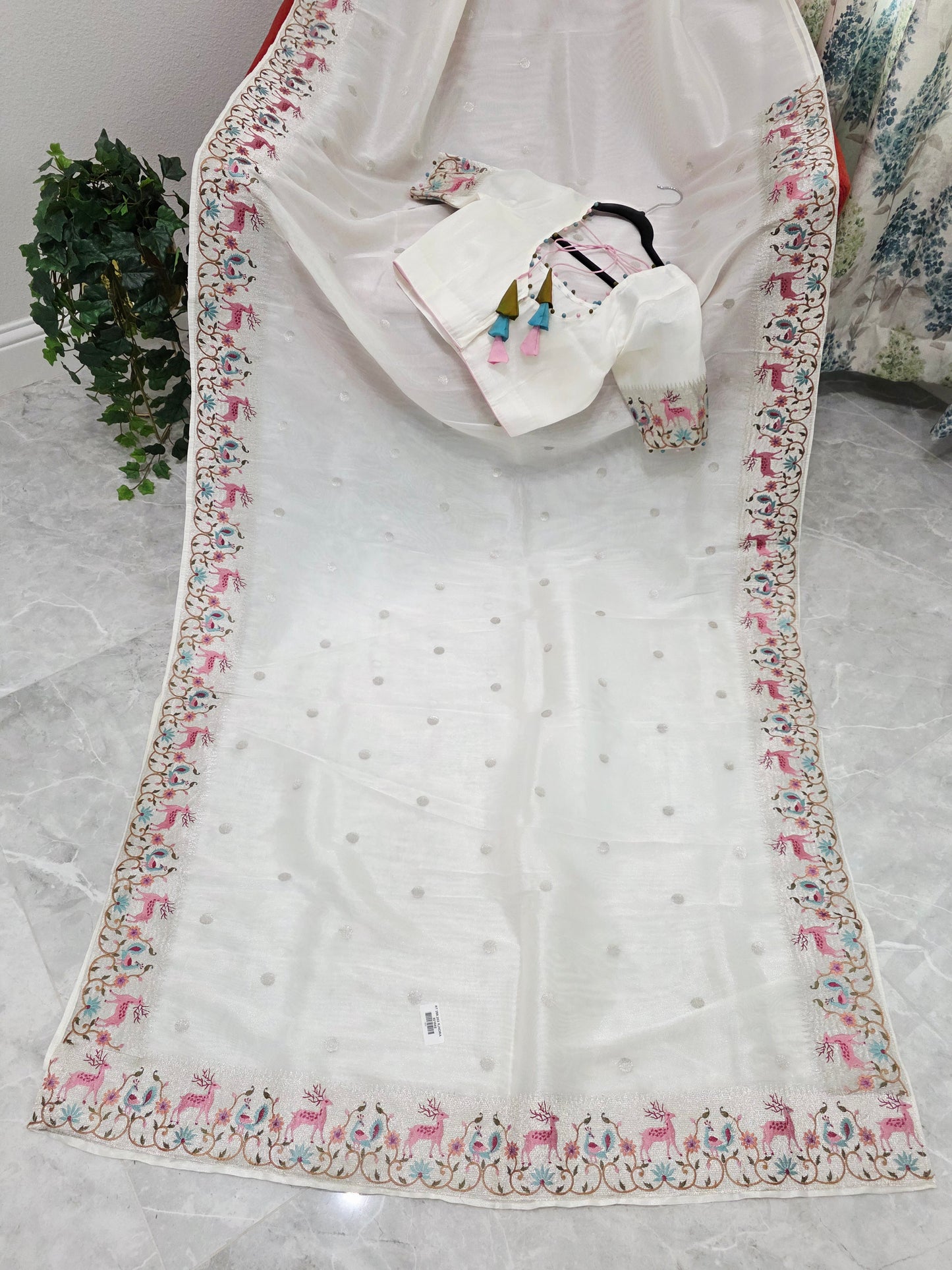 Ivory Pearl Soft Tissue Silk Saree with Embroidered Border & Stitched Blouse
