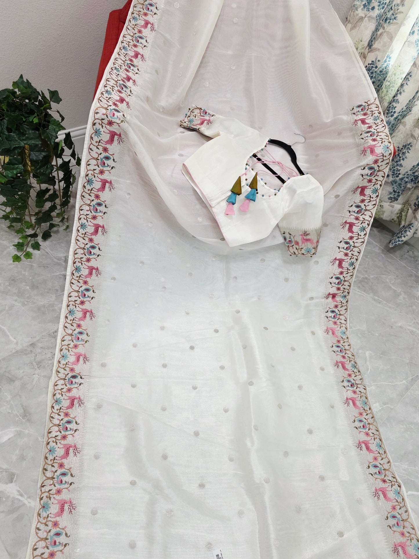 Ivory Pearl Soft Tissue Silk Saree with Embroidered Border & Stitched Blouse