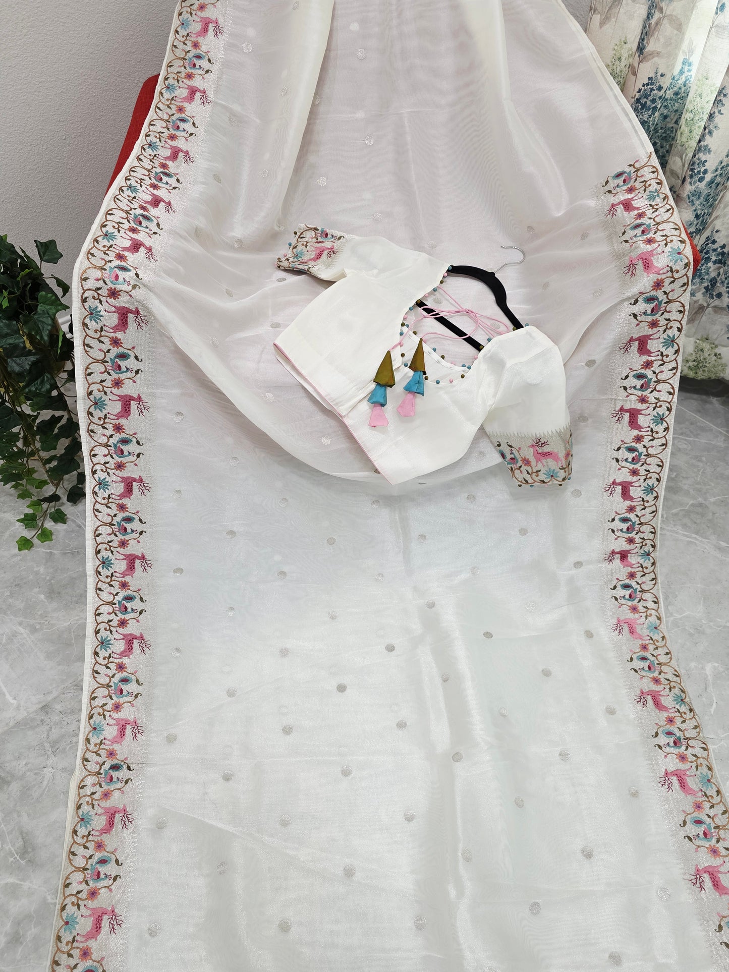 Ivory Pearl Soft Tissue Silk Saree with Embroidered Border & Stitched Blouse