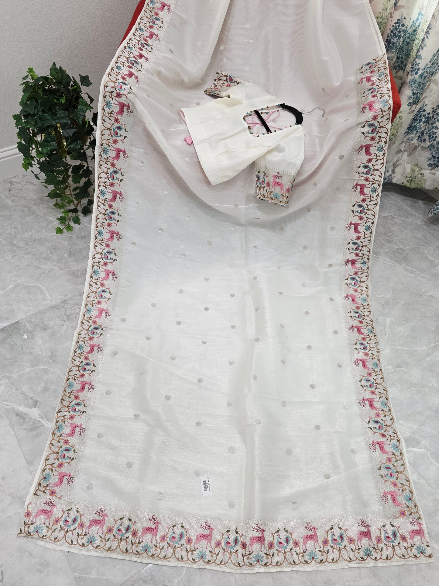 Ivory Pearl Soft Tissue Silk Saree with Embroidered Border & Stitched Blouse
