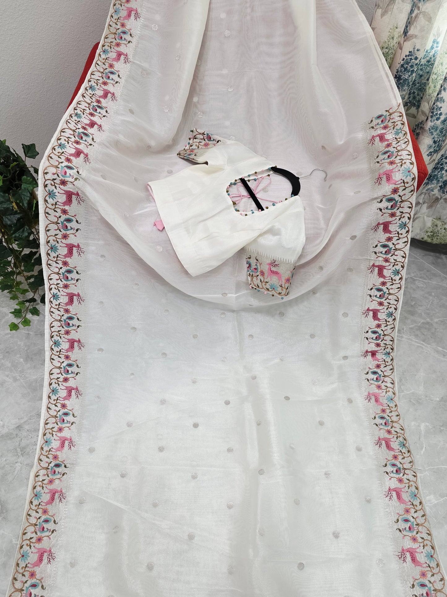 Ivory Pearl Soft Tissue Silk Saree with Embroidered Border & Stitched Blouse