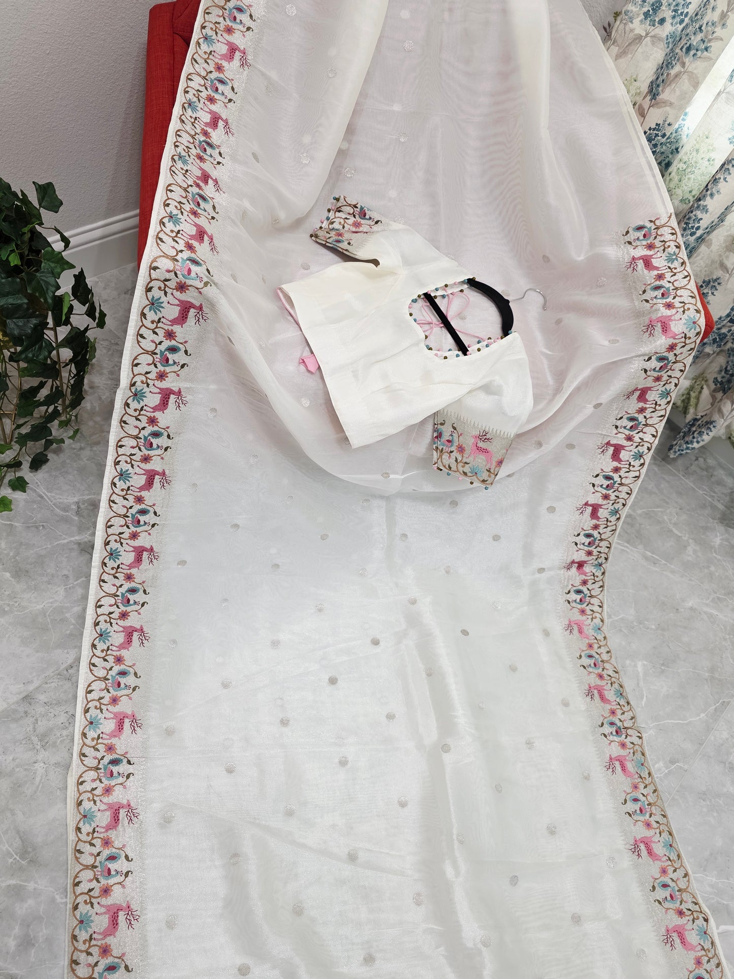 Ivory Pearl Soft Tissue Silk Saree with Embroidered Border & Stitched Blouse