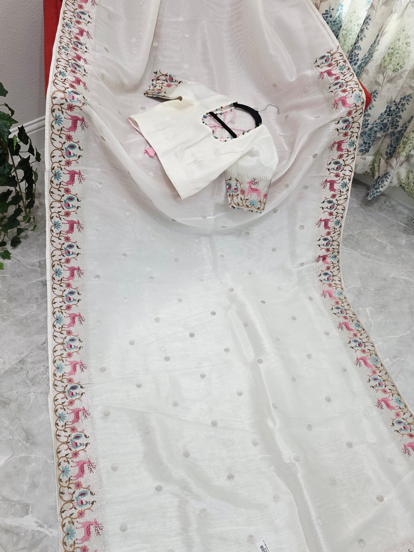 Ivory Pearl Soft Tissue Silk Saree with Embroidered Border & Stitched Blouse