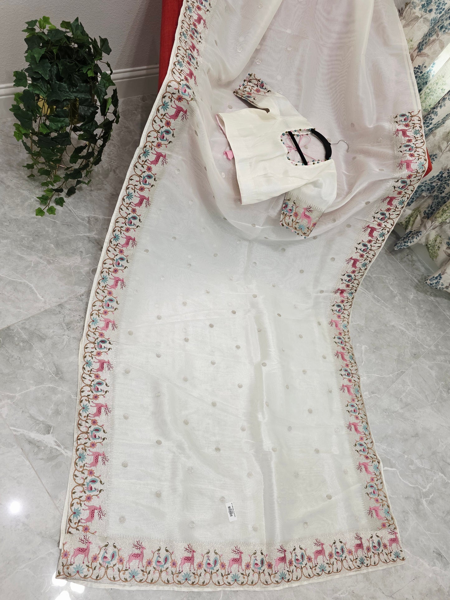 Ivory Pearl Soft Tissue Silk Saree with Embroidered Border & Stitched Blouse
