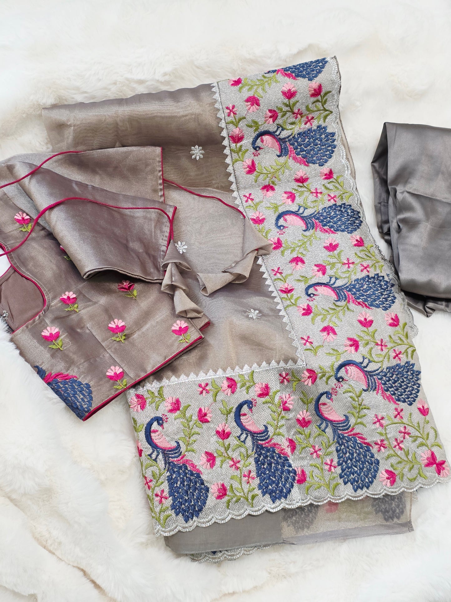 Smoky Taupe Grey Tissue Saree with Peacock Embroidered Border, Stitched Blouse & Satin Petticoat