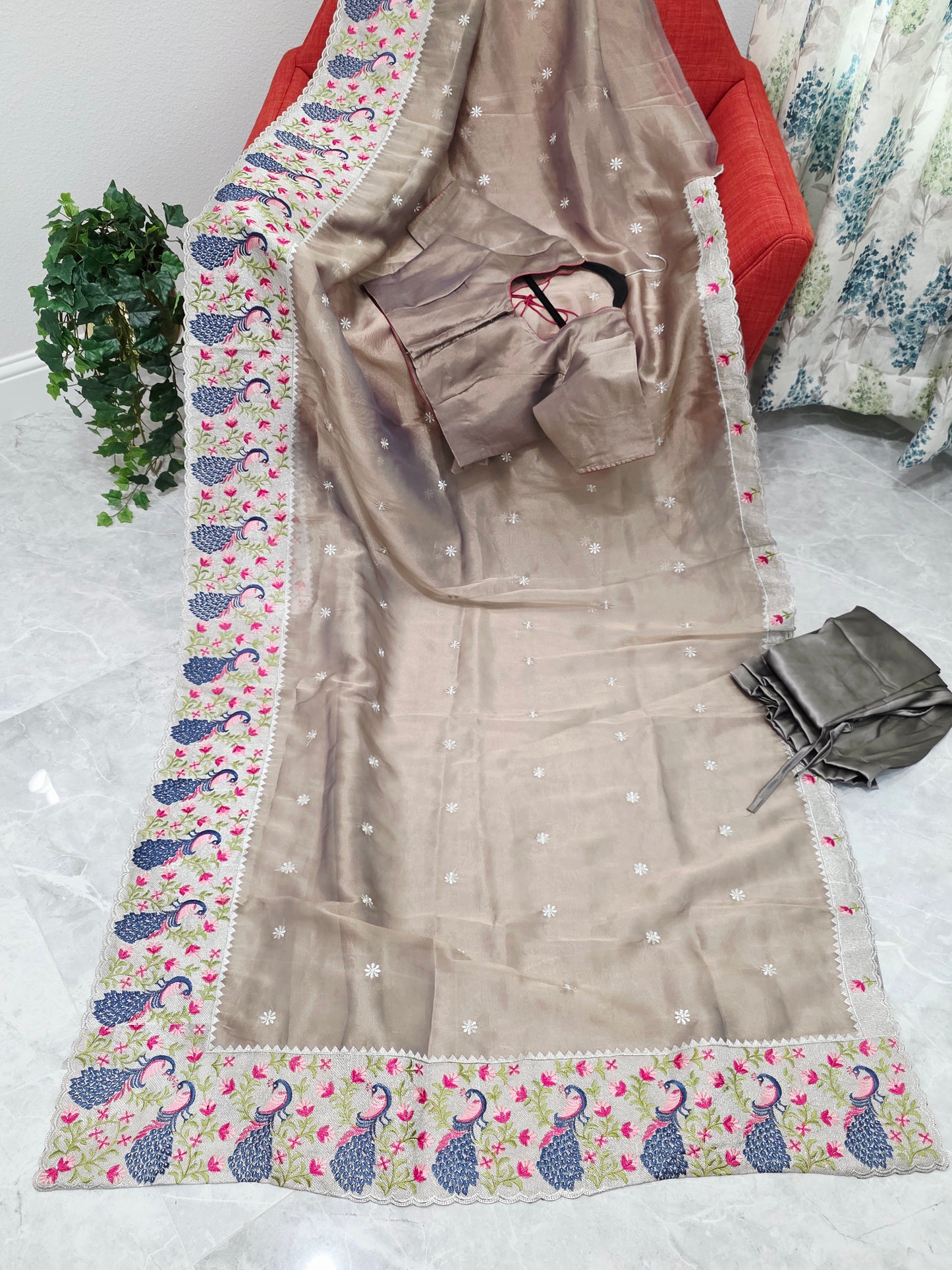 Smoky Taupe Grey Tissue Saree with Peacock Embroidered Border, Stitched Blouse & Satin Petticoat