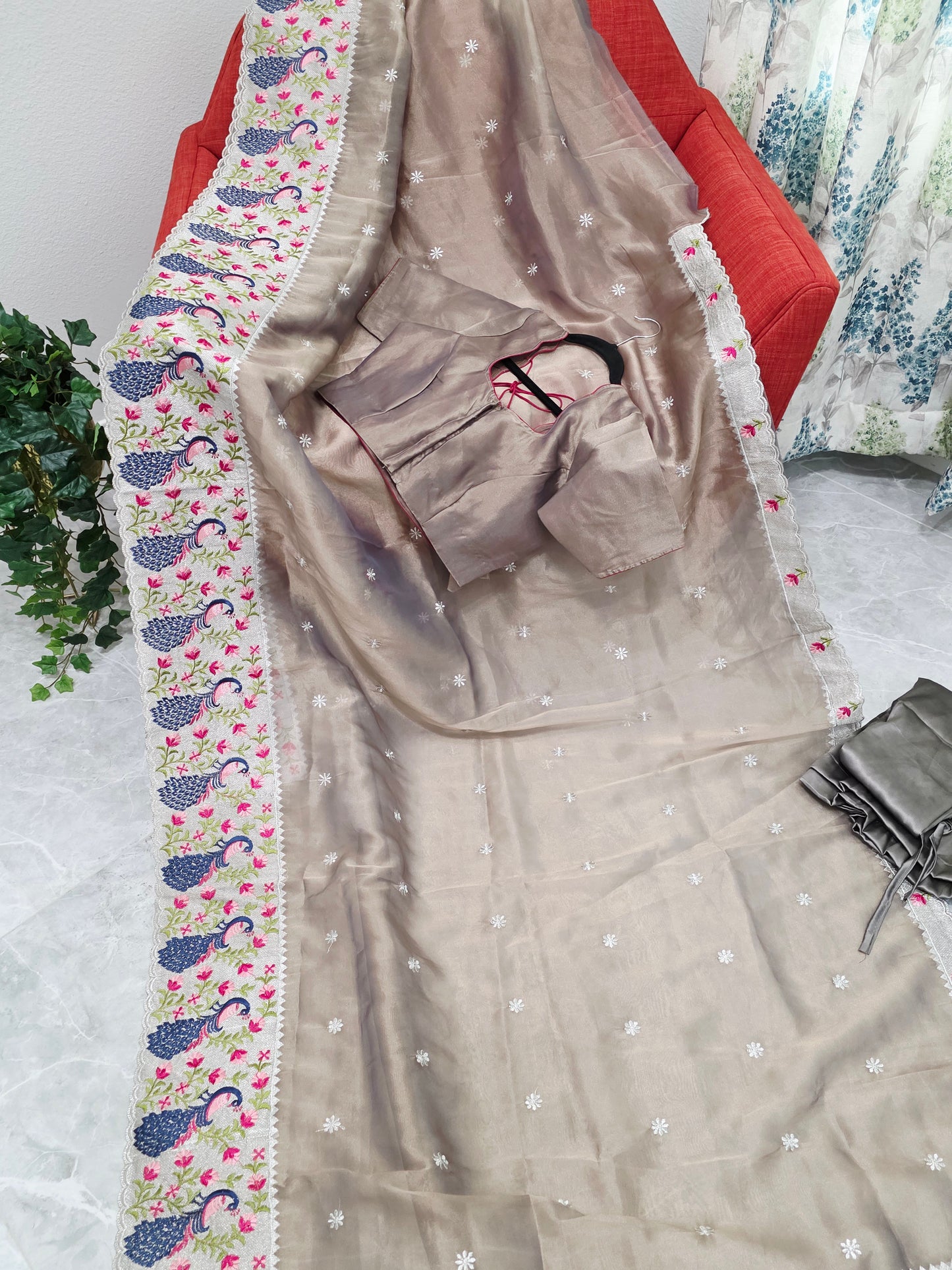 Smoky Taupe Grey Tissue Saree with Peacock Embroidered Border, Stitched Blouse & Satin Petticoat