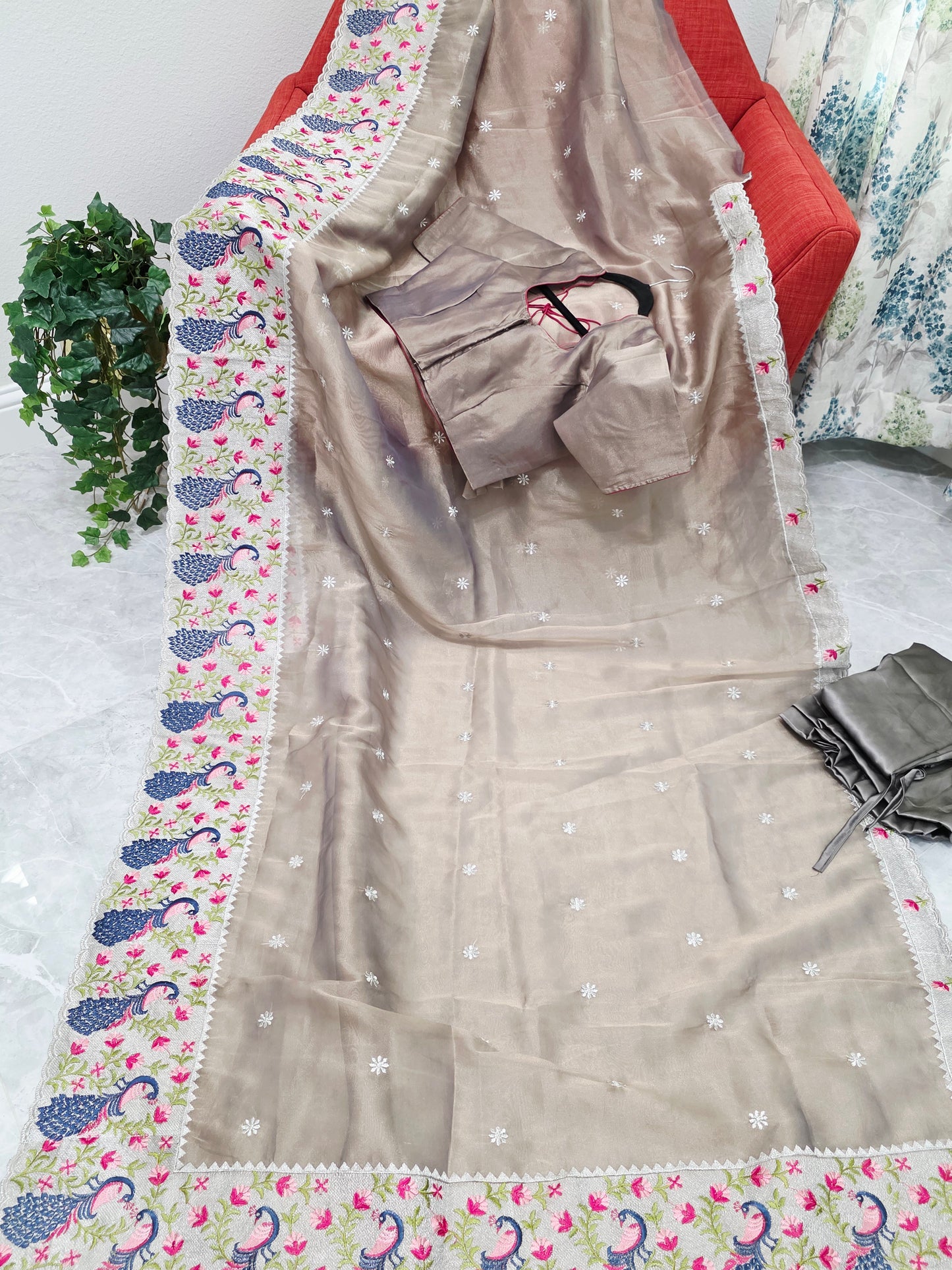 Smoky Taupe Grey Tissue Saree with Peacock Embroidered Border, Stitched Blouse & Satin Petticoat