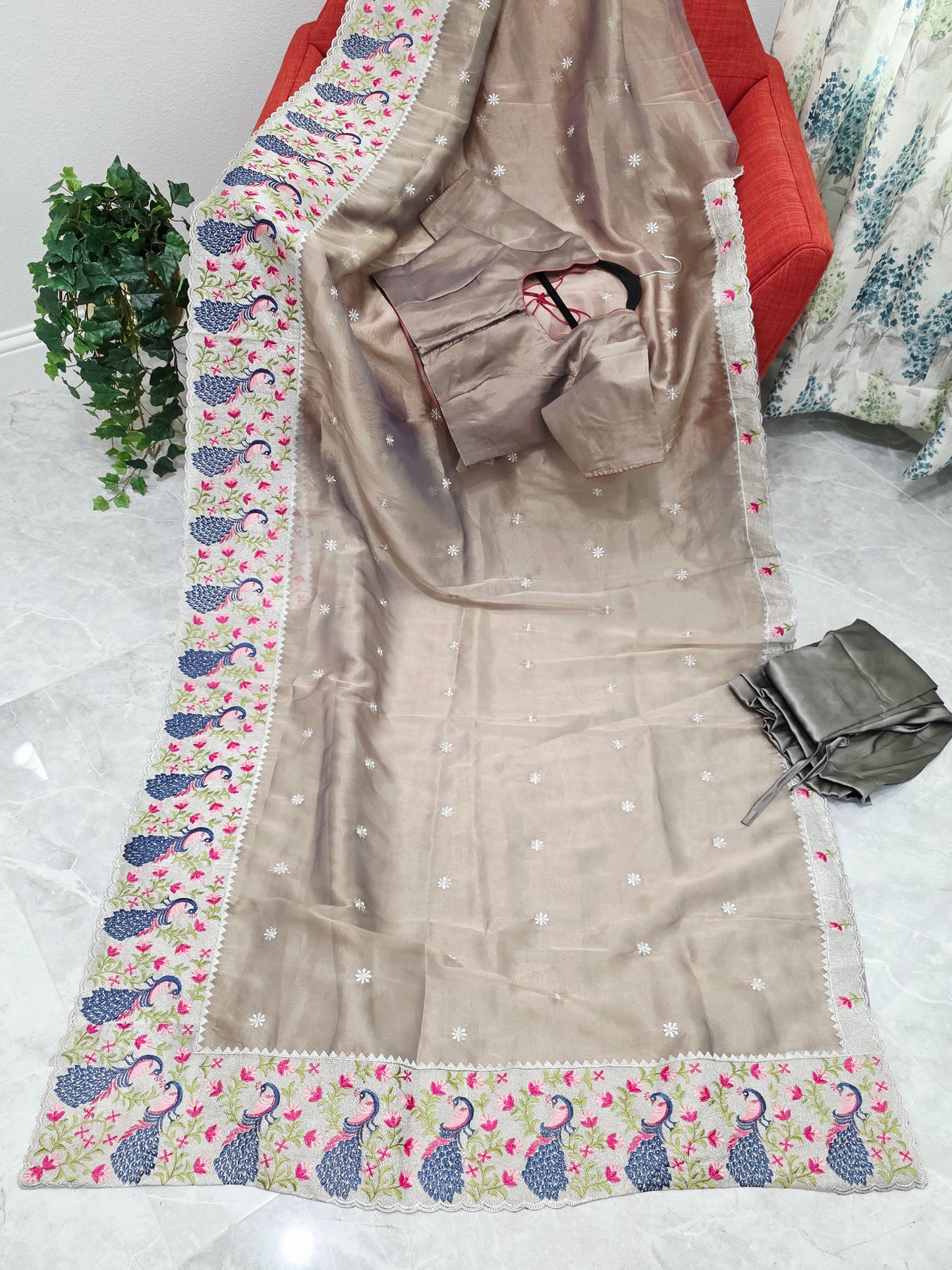 Smoky Taupe Grey Tissue Saree with Peacock Embroidered Border, Stitched Blouse & Satin Petticoat