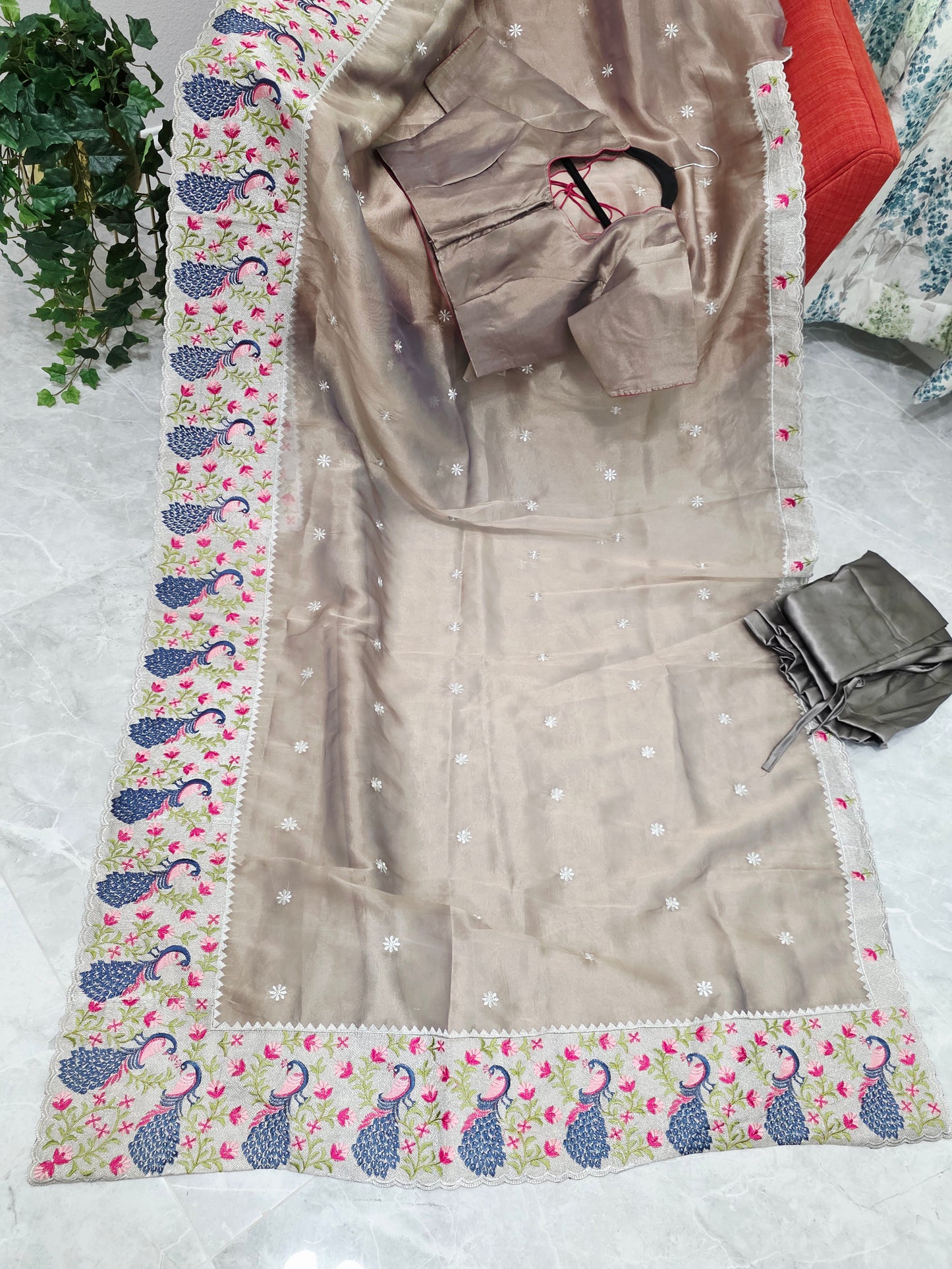 Smoky Taupe Grey Tissue Saree with Peacock Embroidered Border, Stitched Blouse & Satin Petticoat