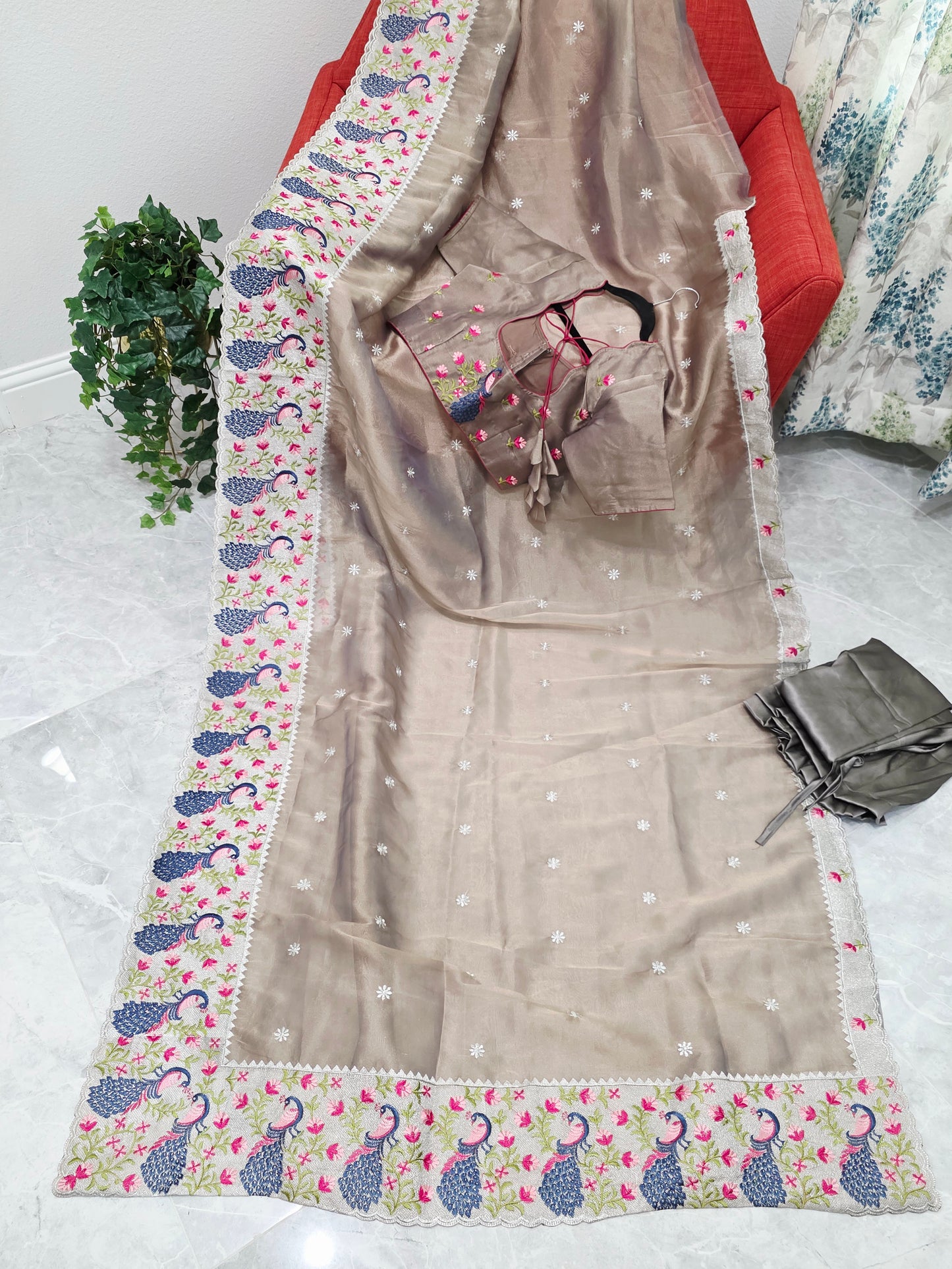 Smoky Taupe Grey Tissue Saree with Peacock Embroidered Border, Stitched Blouse & Satin Petticoat