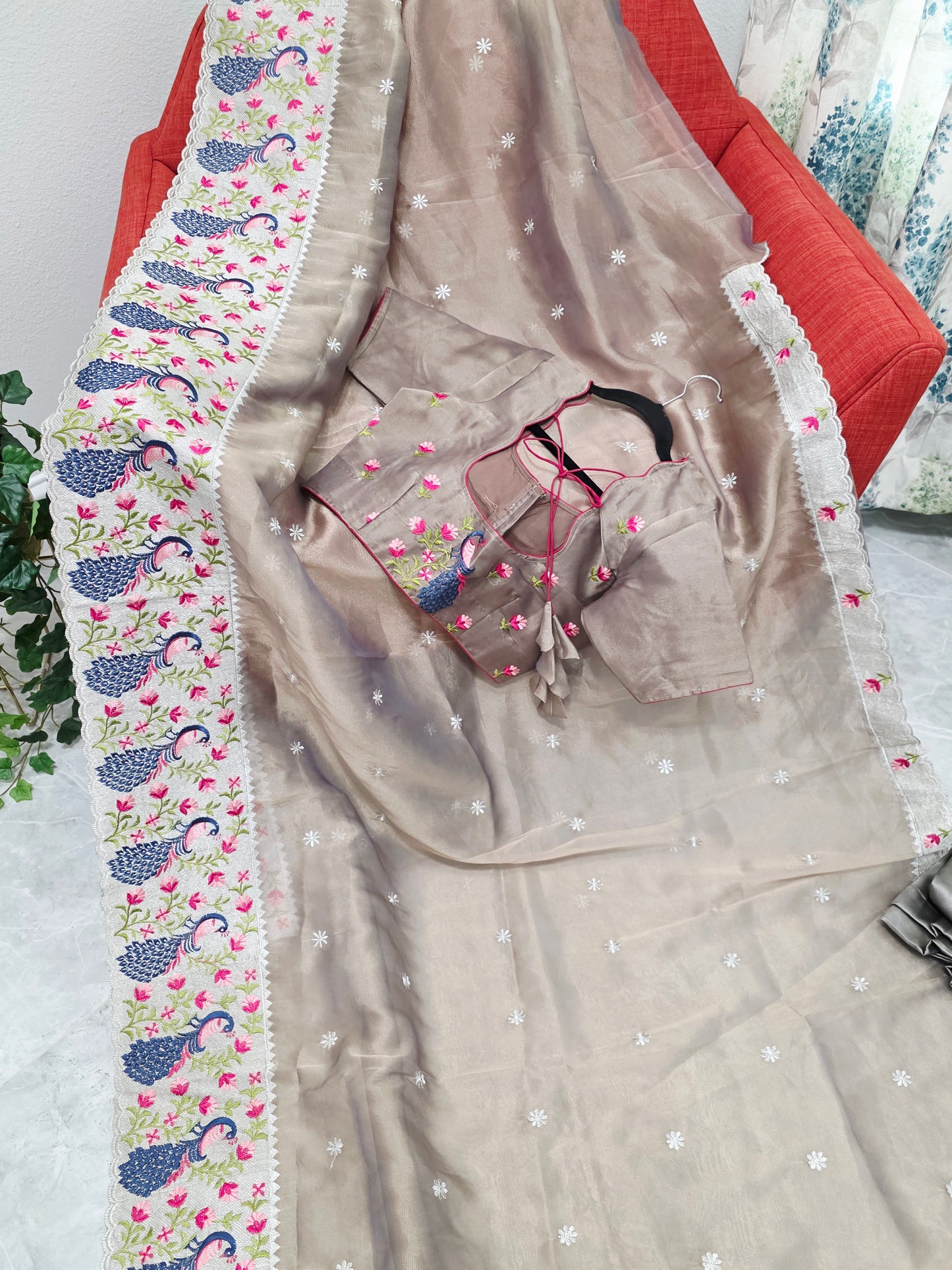 Smoky Taupe Grey Tissue Saree with Peacock Embroidered Border, Stitched Blouse & Satin Petticoat