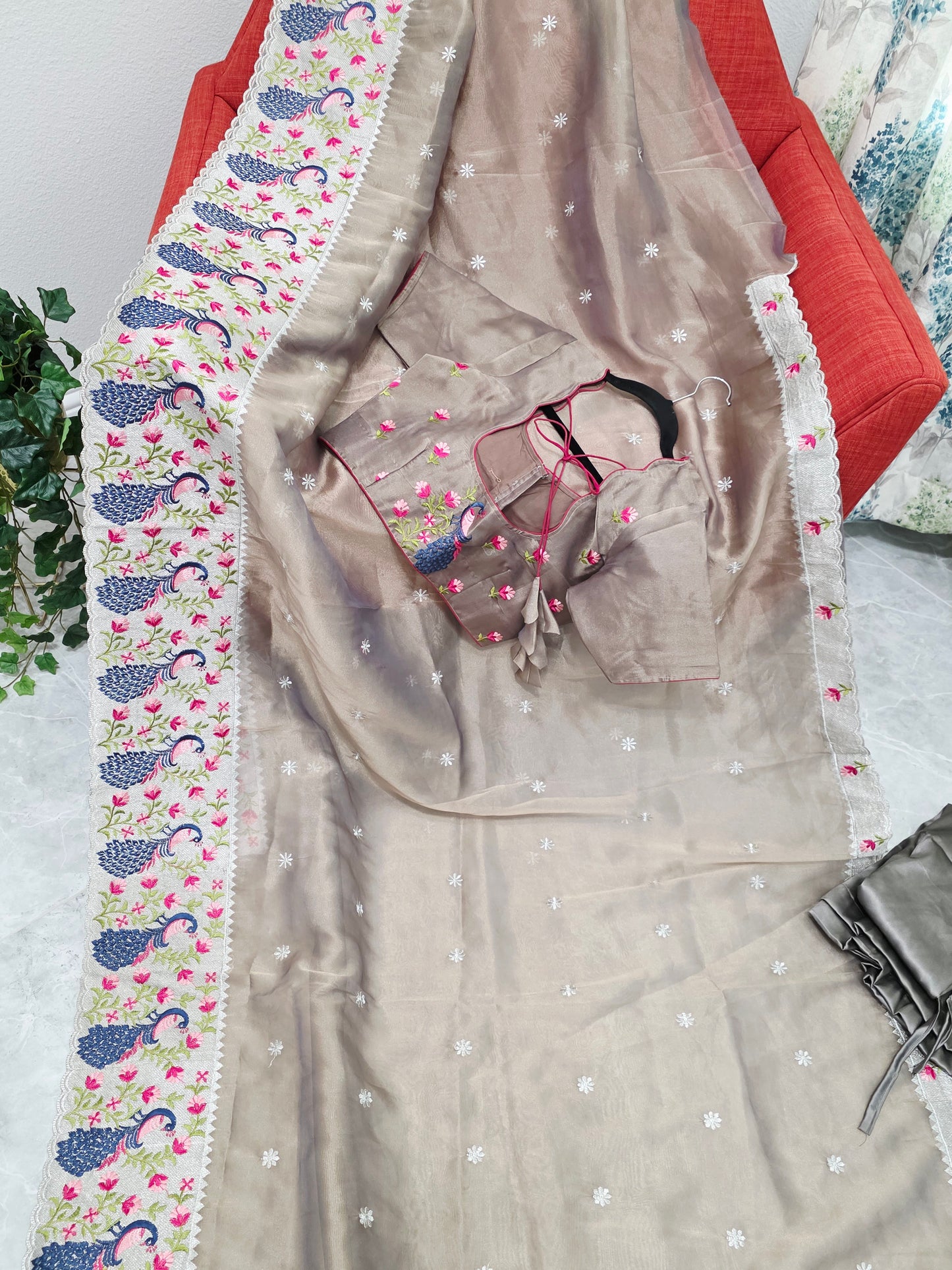 Smoky Taupe Grey Tissue Saree with Peacock Embroidered Border, Stitched Blouse & Satin Petticoat