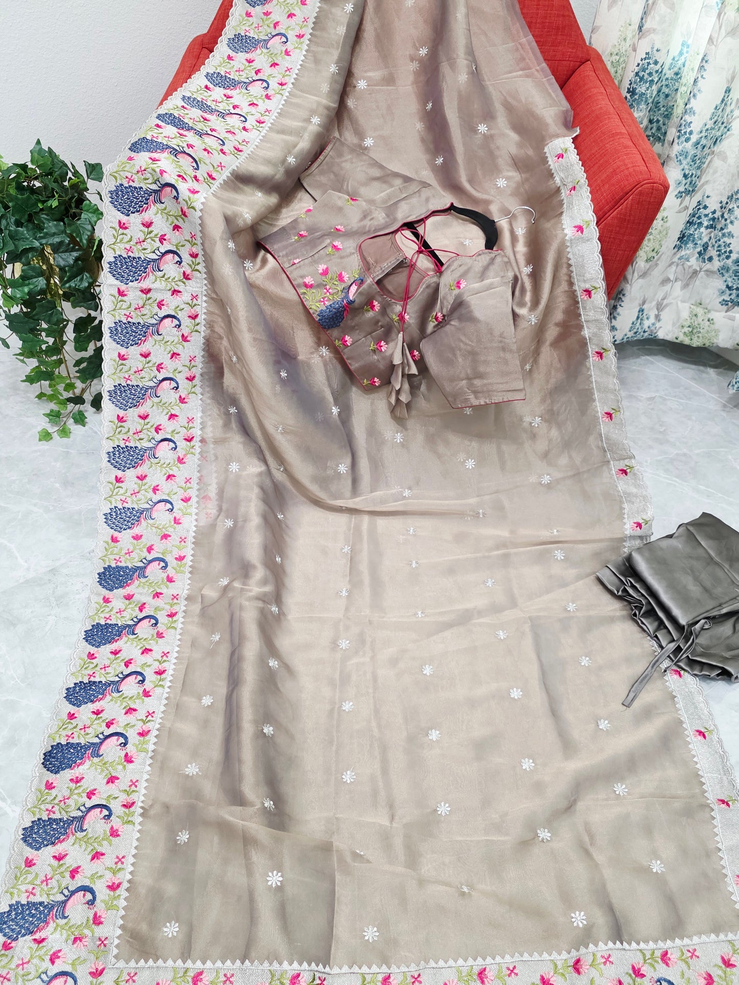 Smoky Taupe Grey Tissue Saree with Peacock Embroidered Border, Stitched Blouse & Satin Petticoat