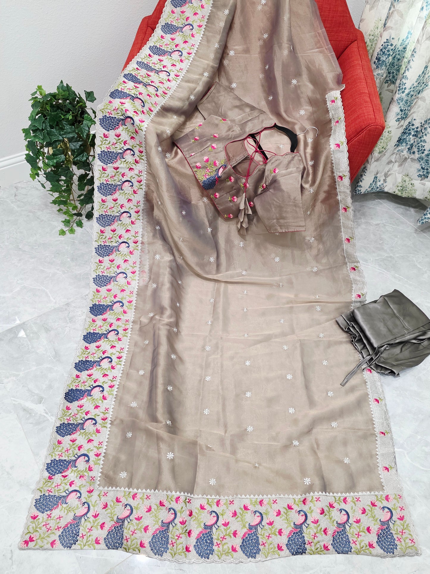 Smoky Taupe Grey Tissue Saree with Peacock Embroidered Border, Stitched Blouse & Satin Petticoat