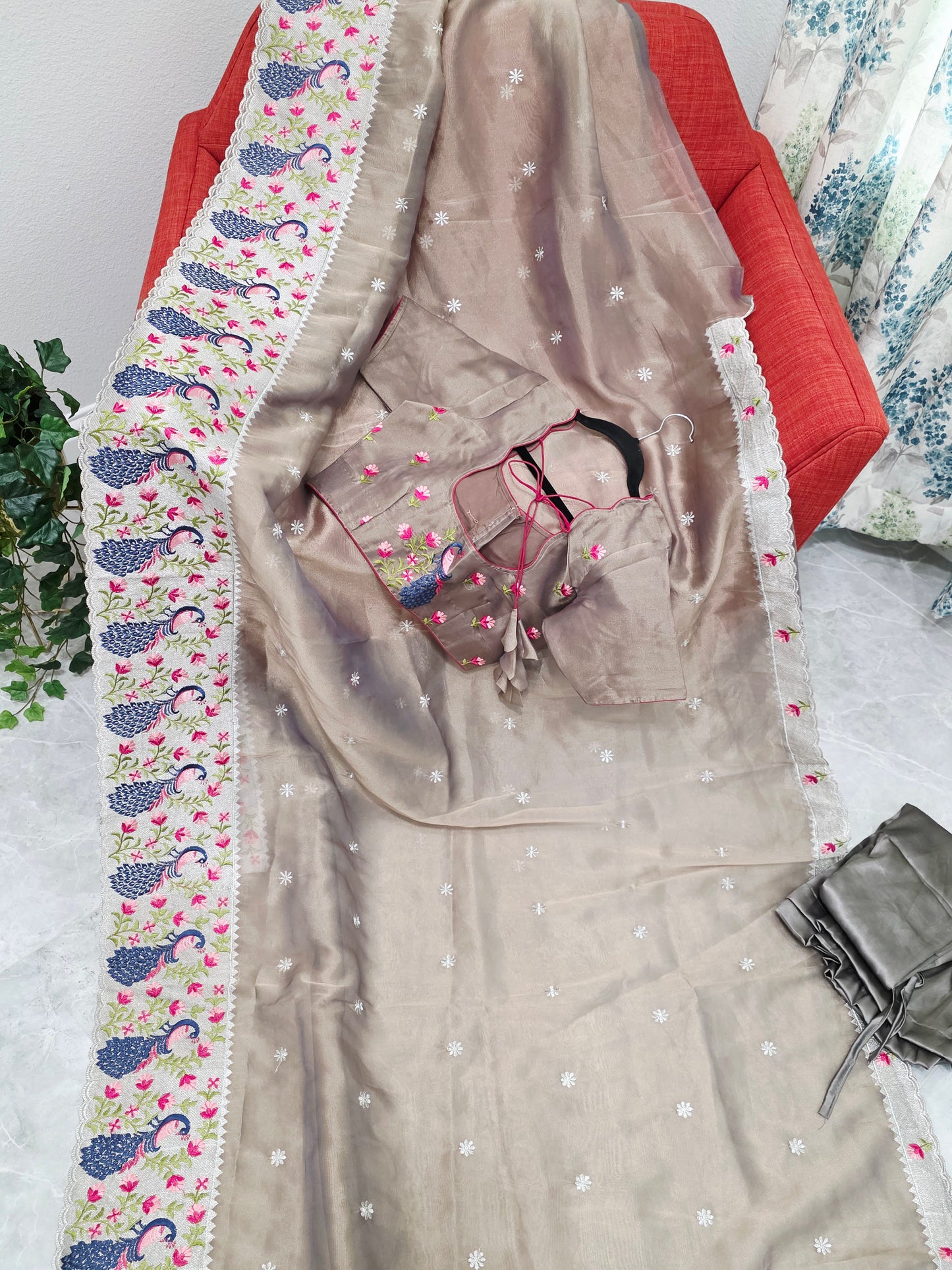 Smoky Taupe Grey Tissue Saree with Peacock Embroidered Border, Stitched Blouse & Satin Petticoat