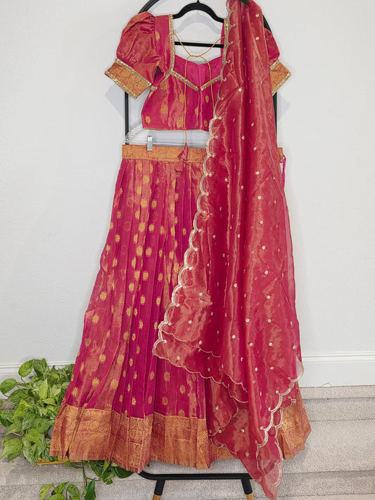 Tissue Benarasi Crimson Rose & Gold Tissue Jute Silk Banarasi Butta Lehenga Set — Bridal Lehenga Choli with Puff Sleeves & Scalloped Tissue Dupatta