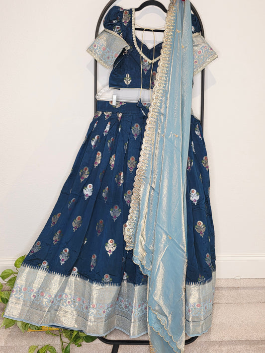 Dark Teal Blue & Powder Blue Banarasi Meenakari Butta Lehenga Set — Floral Motif Bridal Lehenga Choli with Space Silk Dupatta