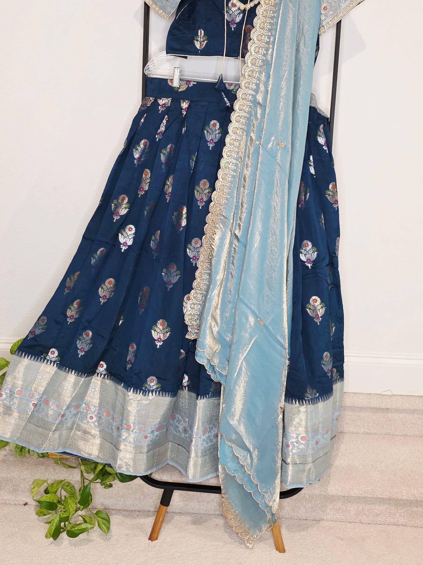 Dark Teal Blue & Powder Blue Banarasi Meenakari Butta Lehenga Set — Floral Motif Bridal Lehenga Choli with Space Silk Dupatta