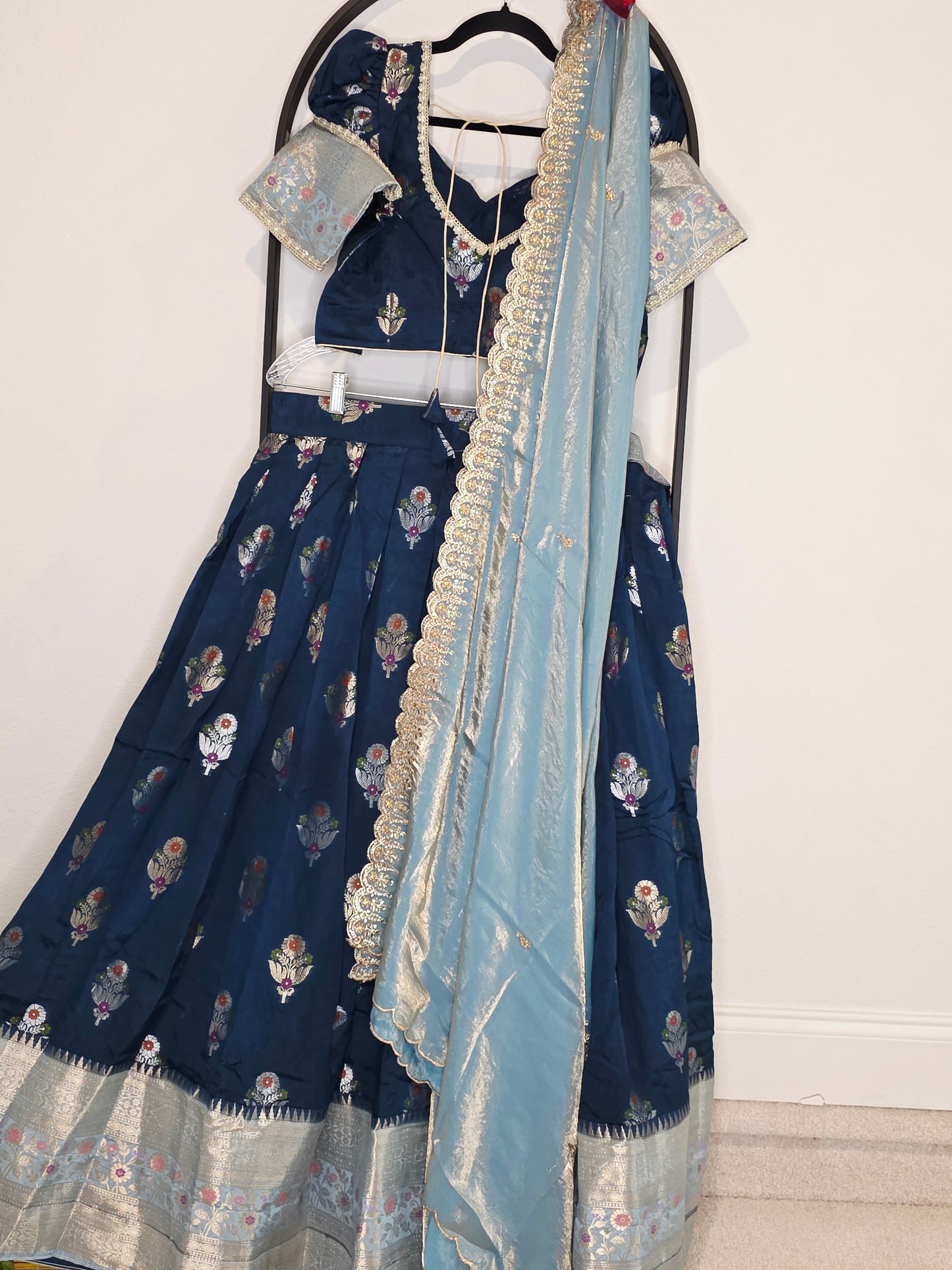 Dark Teal Blue & Powder Blue Banarasi Meenakari Butta Lehenga Set — Floral Motif Bridal Lehenga Choli with Space Silk Dupatta