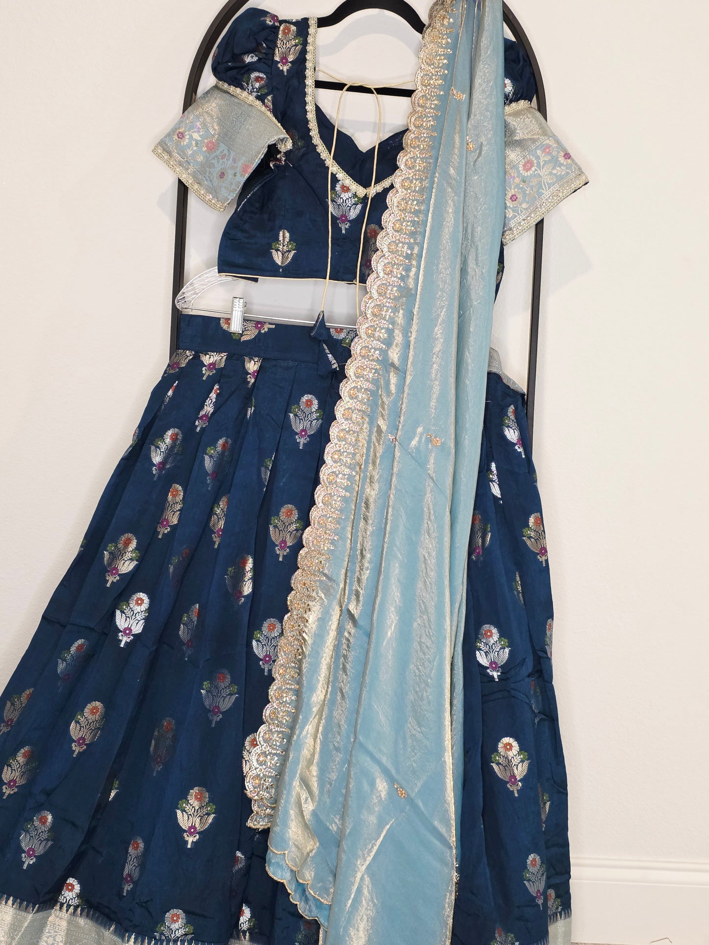 Dark Teal Blue & Powder Blue Banarasi Meenakari Butta Lehenga Set — Floral Motif Bridal Lehenga Choli with Space Silk Dupatta