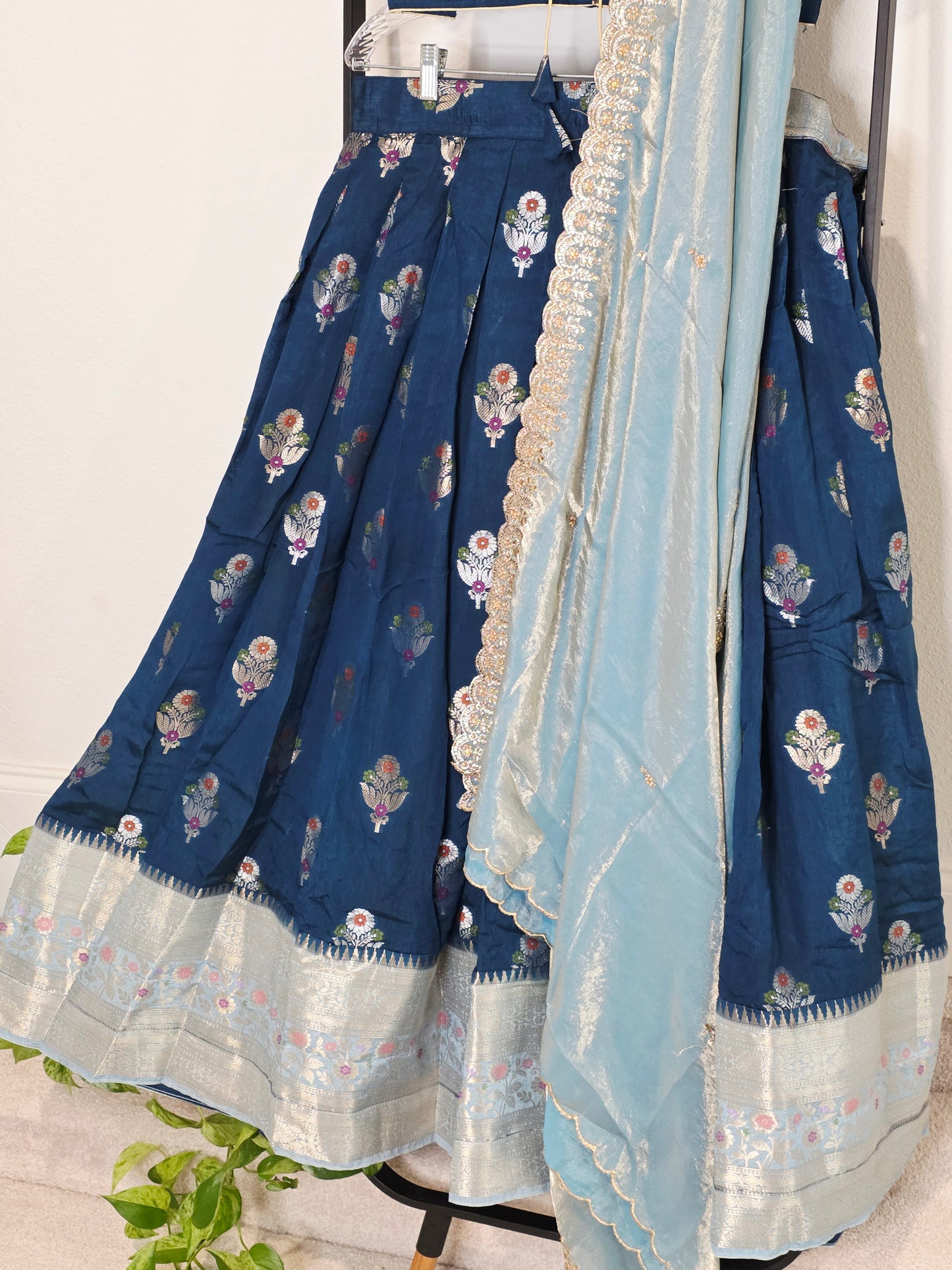 Dark Teal Blue & Powder Blue Banarasi Meenakari Butta Lehenga Set — Floral Motif Bridal Lehenga Choli with Space Silk Dupatta