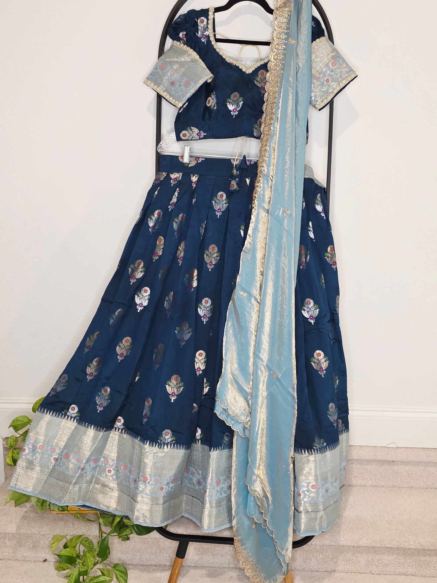 Dark Teal Blue & Powder Blue Banarasi Meenakari Butta Lehenga Set — Floral Motif Bridal Lehenga Choli with Space Silk Dupatta