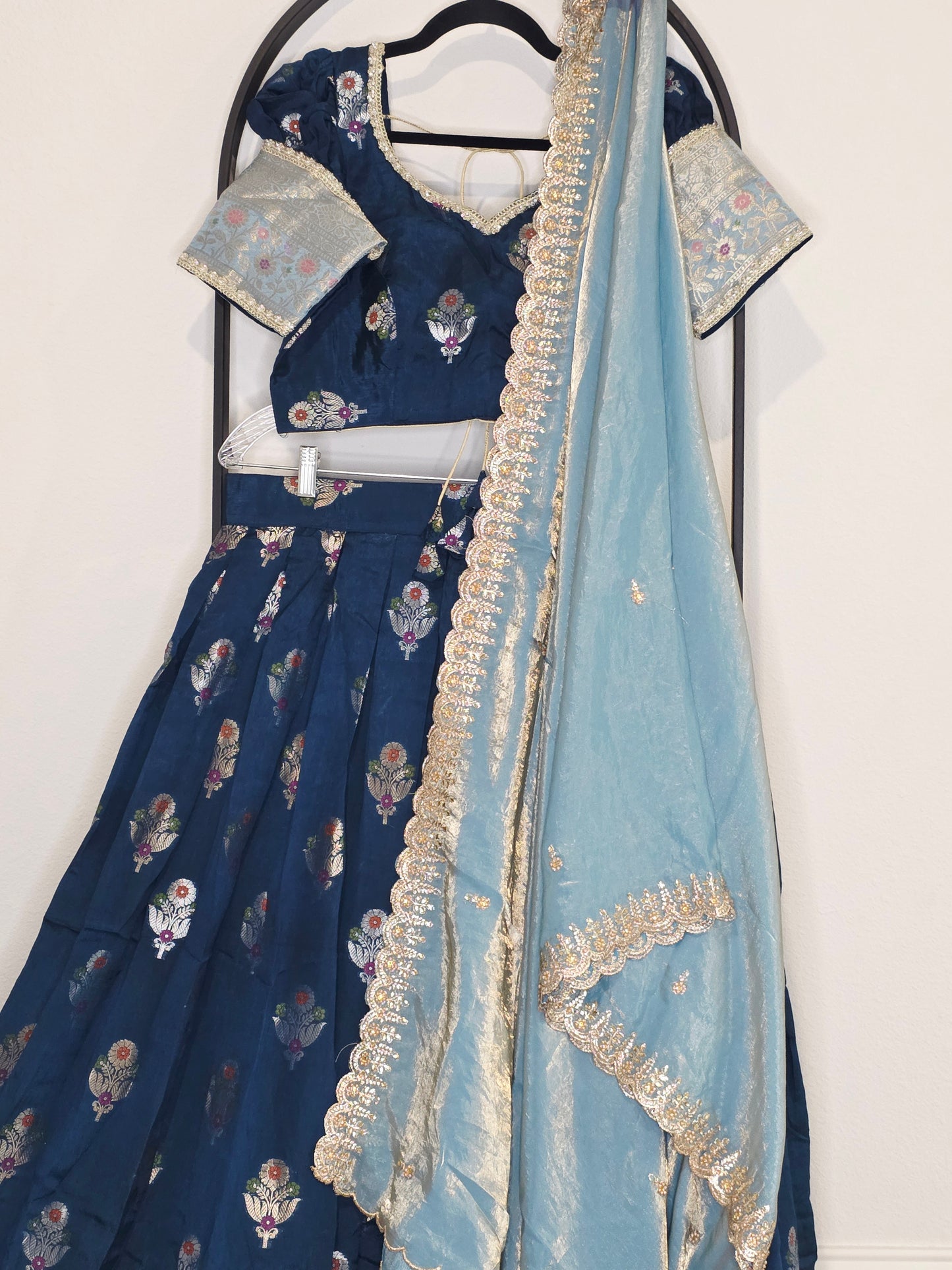 Dark Teal Blue & Powder Blue Banarasi Meenakari Butta Lehenga Set — Floral Motif Bridal Lehenga Choli with Space Silk Dupatta
