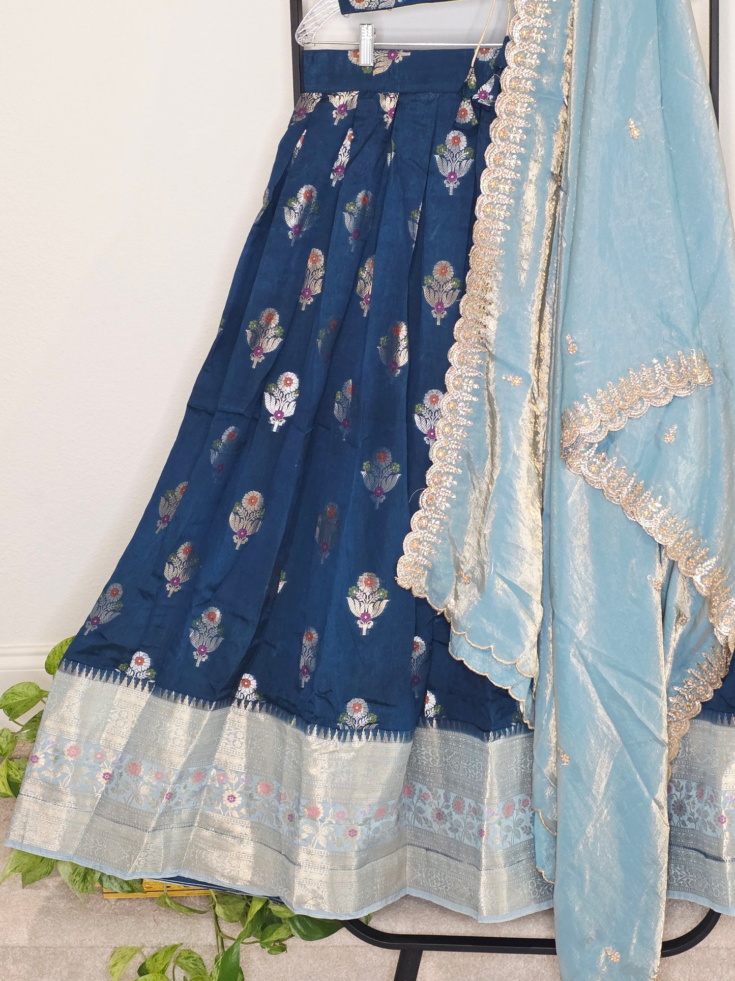 Dark Teal Blue & Powder Blue Banarasi Meenakari Butta Lehenga Set — Floral Motif Bridal Lehenga Choli with Space Silk Dupatta