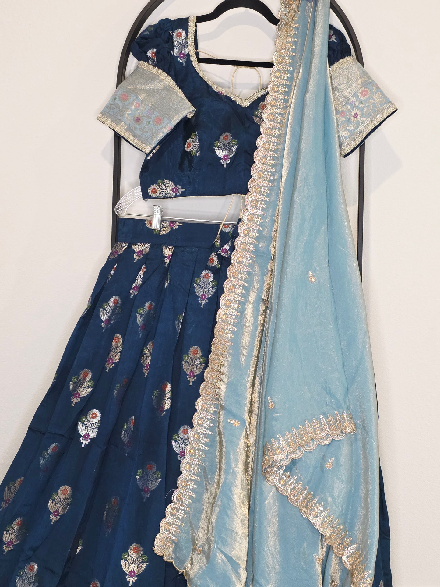 Dark Teal Blue & Powder Blue Banarasi Meenakari Butta Lehenga Set — Floral Motif Bridal Lehenga Choli with Space Silk Dupatta