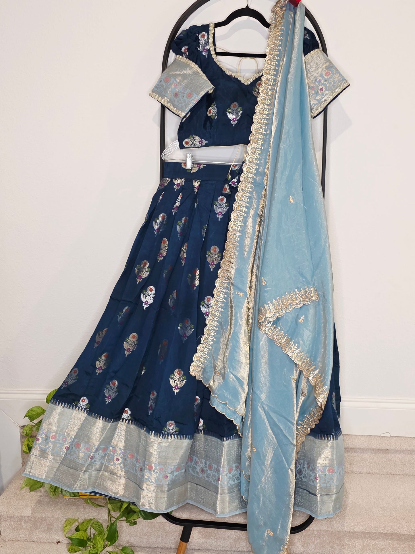 Dark Teal Blue & Powder Blue Banarasi Meenakari Butta Lehenga Set — Floral Motif Bridal Lehenga Choli with Space Silk Dupatta
