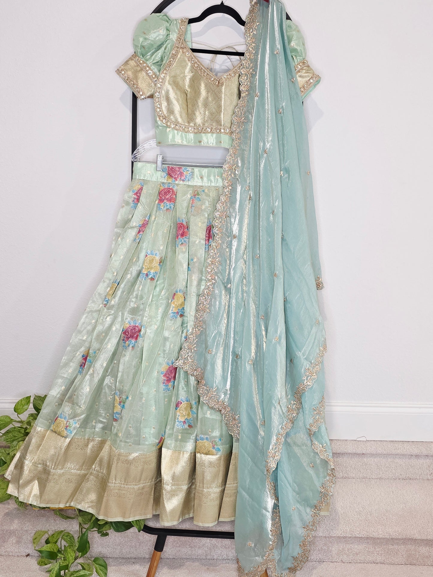 Pastel Mint Aqua Tissue Organza Floral Butta Lehenga Set with Space Silk Dupatta & Stitched Blouse