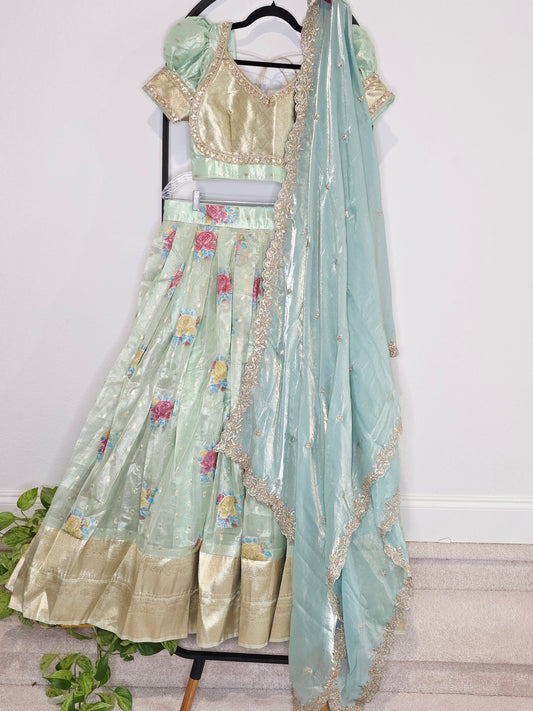 Pastel Mint Aqua Tissue Organza Floral Butta Lehenga Set with Space Silk Dupatta & Stitched Blouse