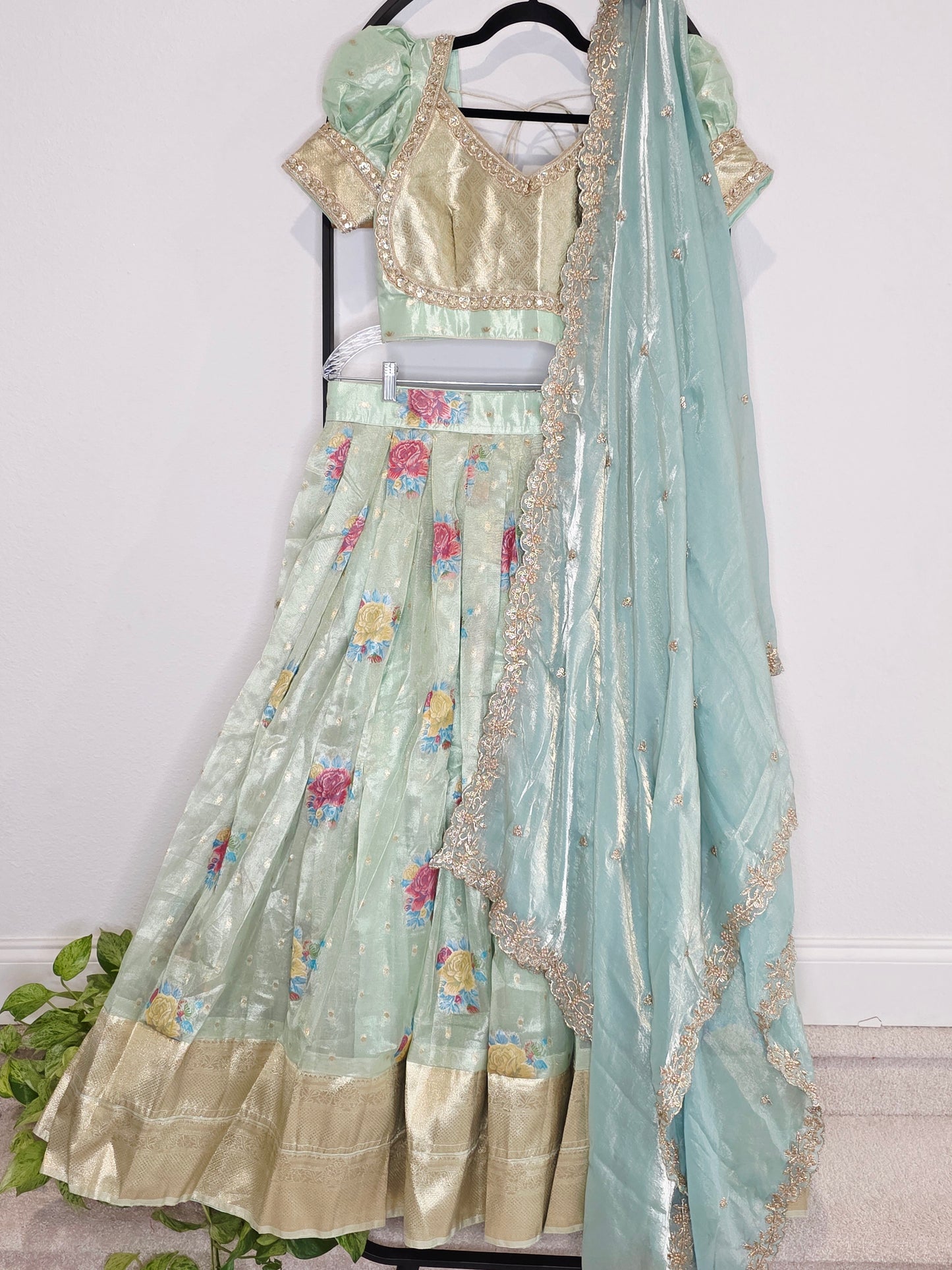 Pastel Mint Aqua Tissue Organza Floral Butta Lehenga Set with Space Silk Dupatta & Stitched Blouse