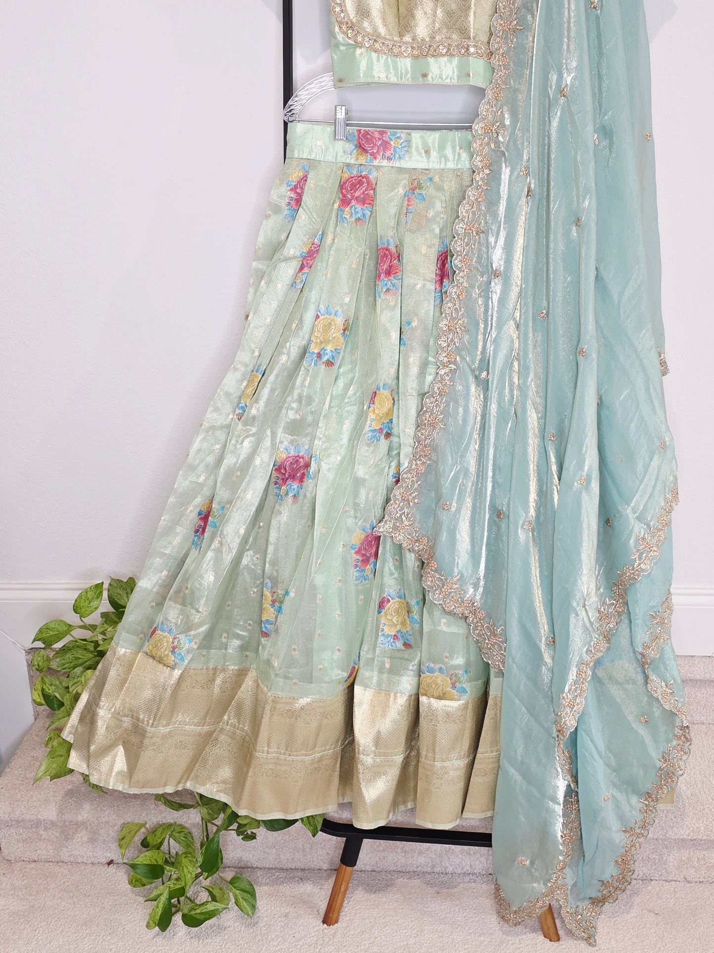 Pastel Mint Aqua Tissue Organza Floral Butta Lehenga Set with Space Silk Dupatta & Stitched Blouse