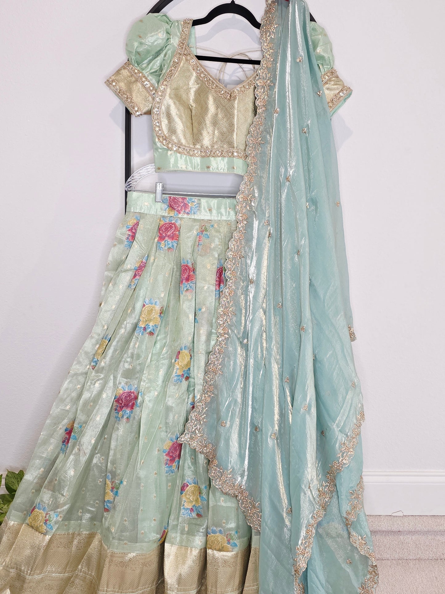 Pastel Mint Aqua Tissue Organza Floral Butta Lehenga Set with Space Silk Dupatta & Stitched Blouse