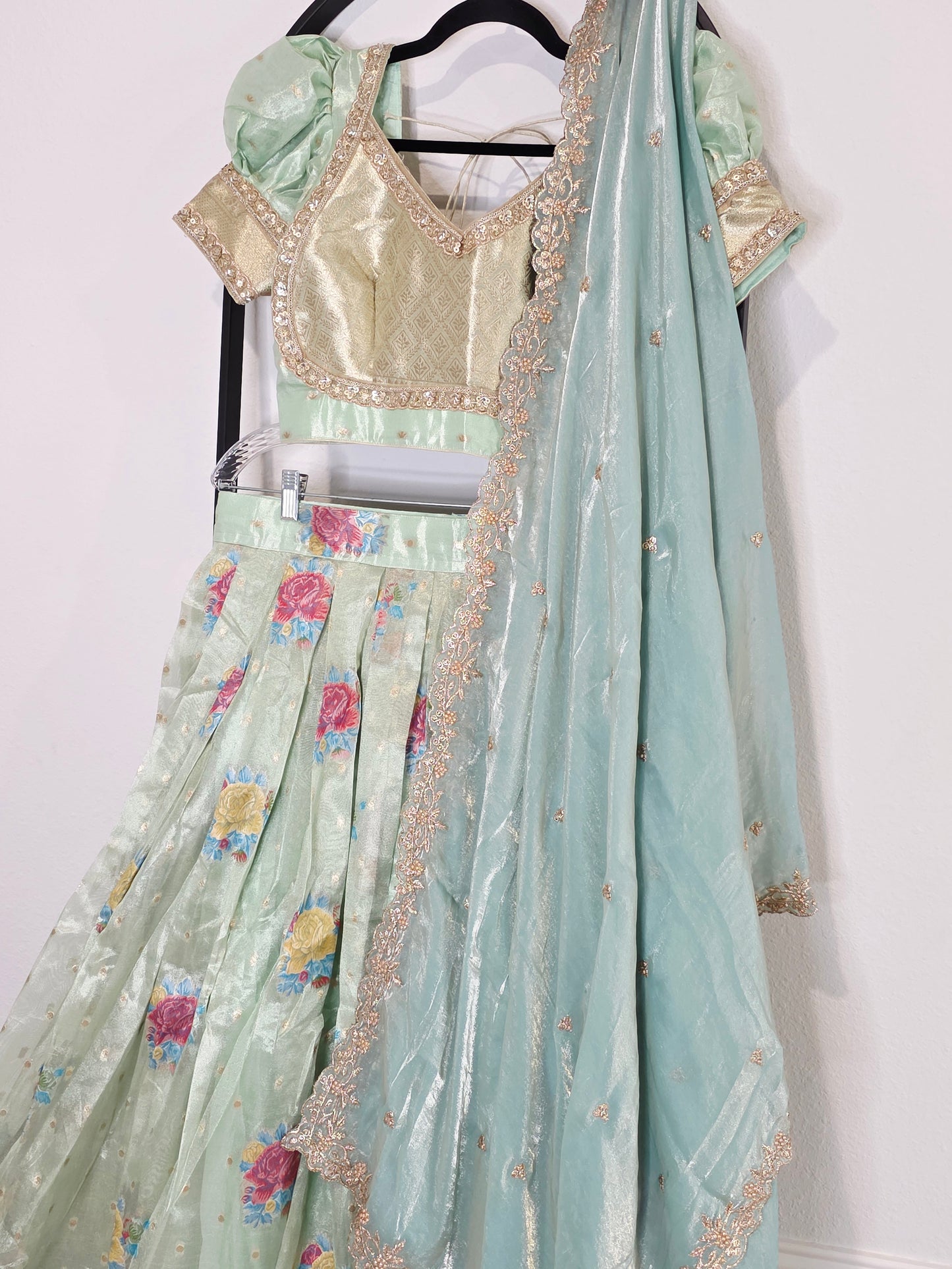Pastel Mint Aqua Tissue Organza Floral Butta Lehenga Set with Space Silk Dupatta & Stitched Blouse