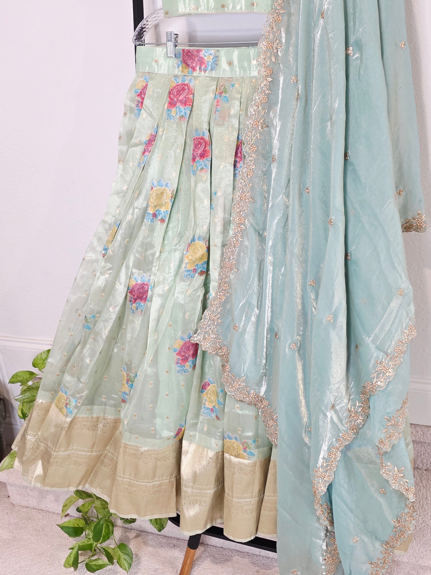 Pastel Mint Aqua Tissue Organza Floral Butta Lehenga Set with Space Silk Dupatta & Stitched Blouse