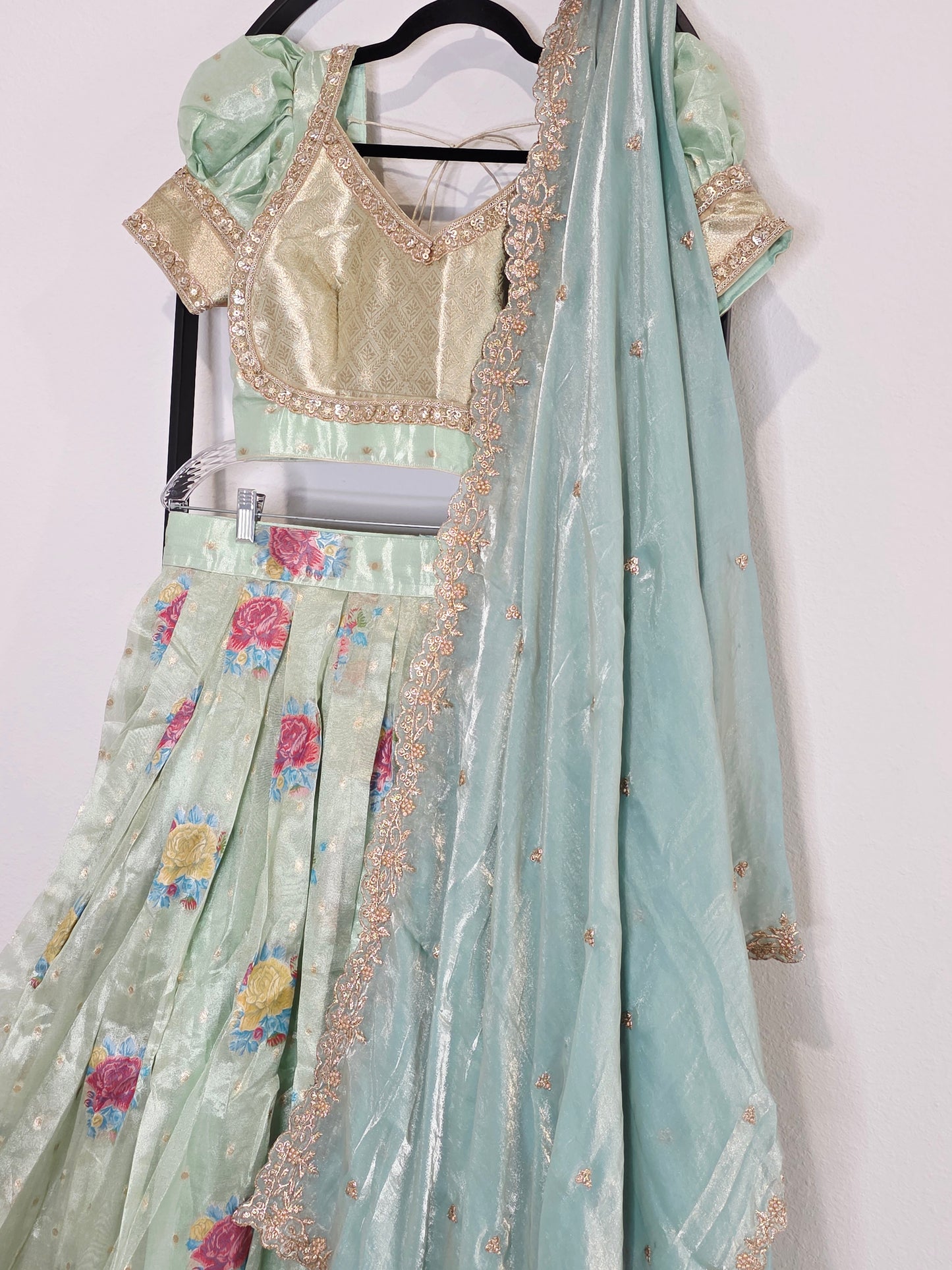 Pastel Mint Aqua Tissue Organza Floral Butta Lehenga Set with Space Silk Dupatta & Stitched Blouse