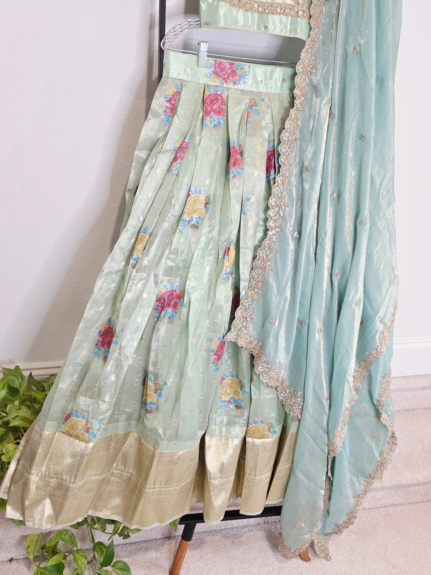 Pastel Mint Aqua Tissue Organza Floral Butta Lehenga Set with Space Silk Dupatta & Stitched Blouse