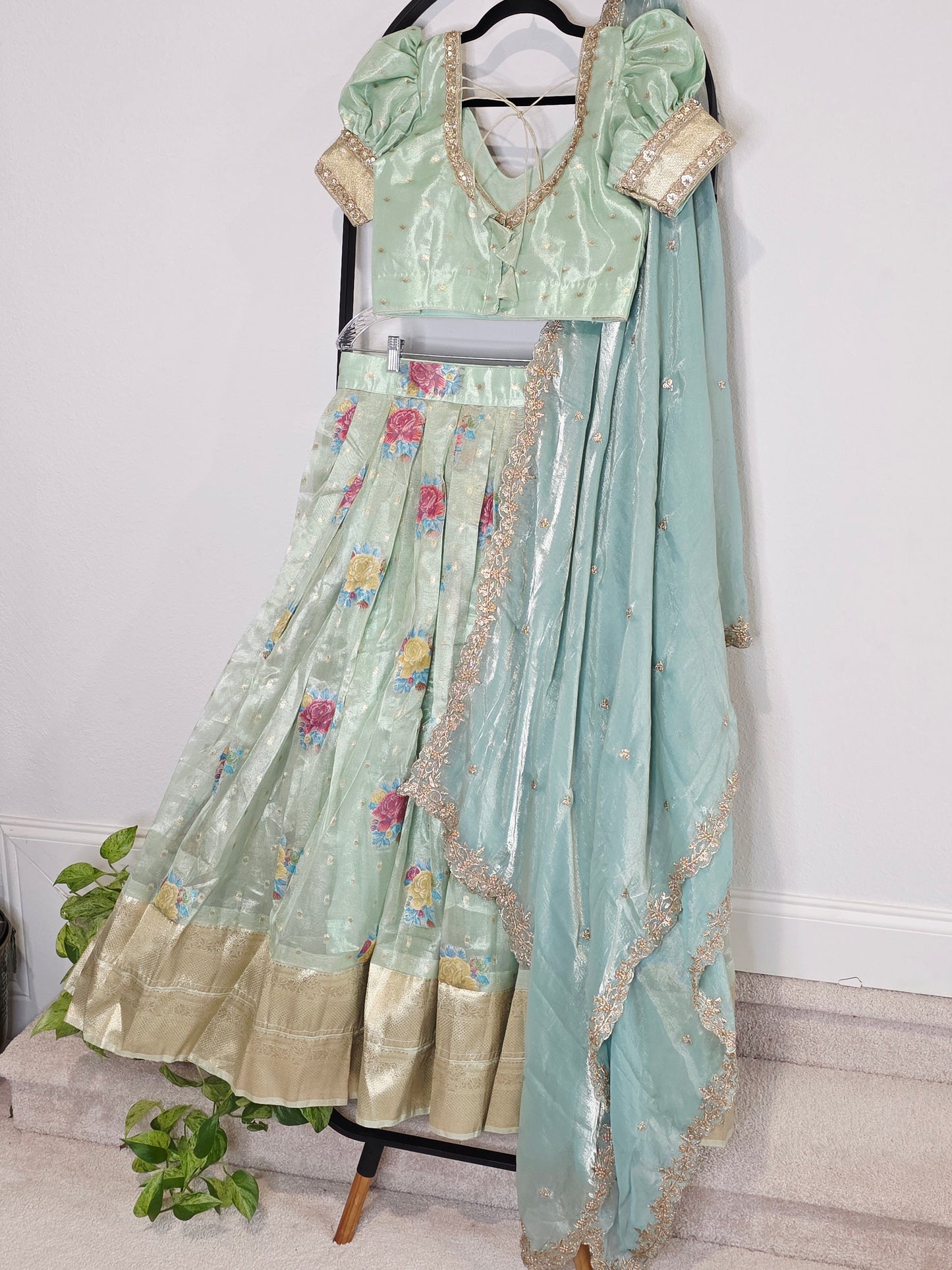 Pastel Mint Aqua Tissue Organza Floral Butta Lehenga Set with Space Silk Dupatta & Stitched Blouse